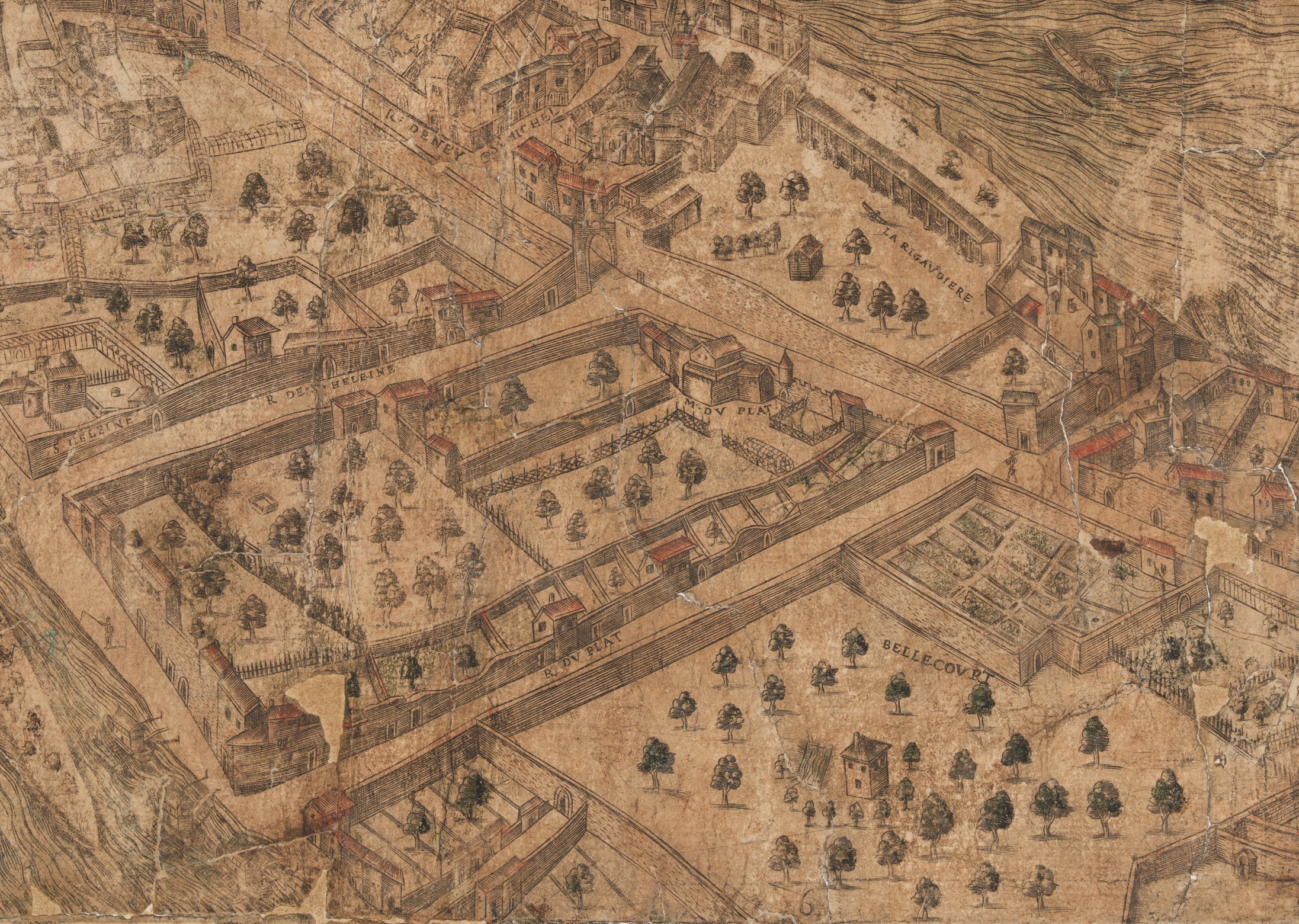 Plan scénographique de Lyon, Bellecour : gravure réhaussée à la gouache (vers 1550, cote 2SAT/3, pl. 6, détail)