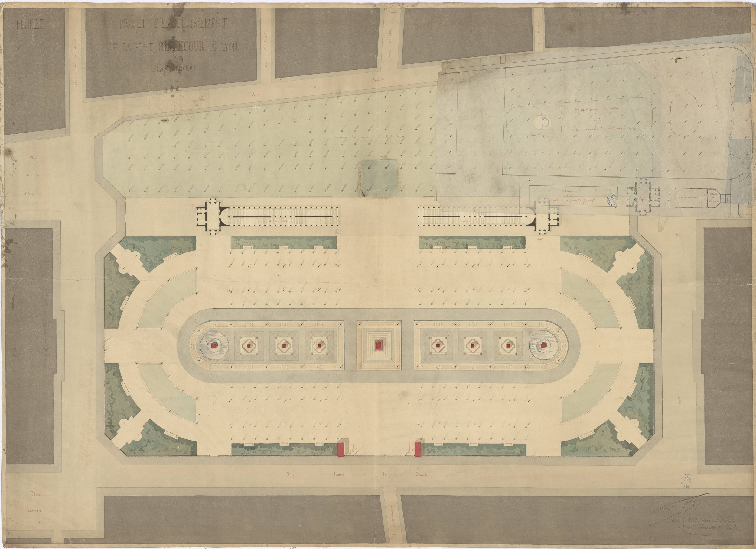 Projet d'agrandissement de la place Bellecour à Lyon : plan géométral rehaussé à l'aquarelle (1844, cote : 2S/271)