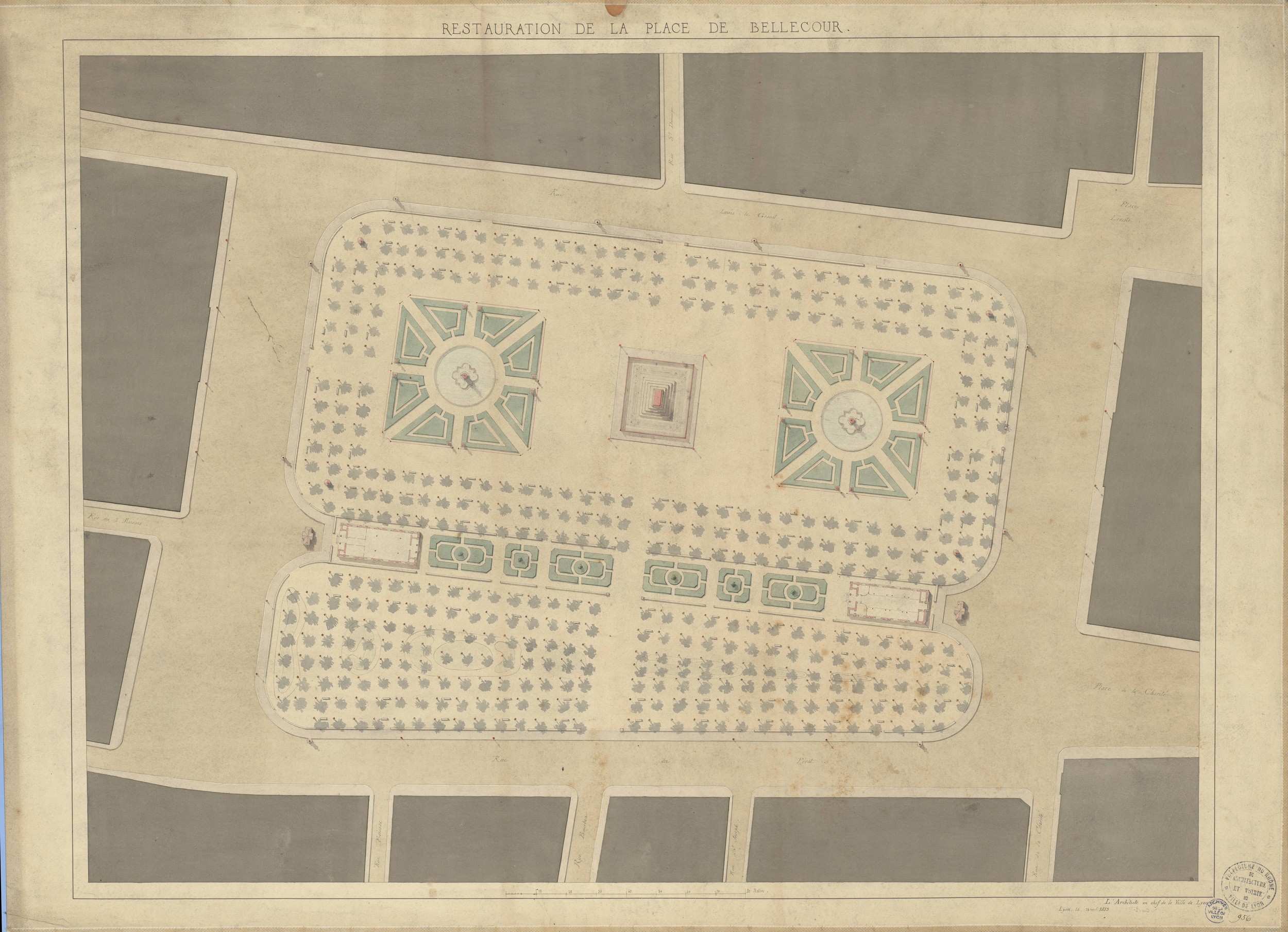 Restauration de la place de Bellecour : plan géométral rehaussé à l'aquarelle (1853, cote : 2S/272)