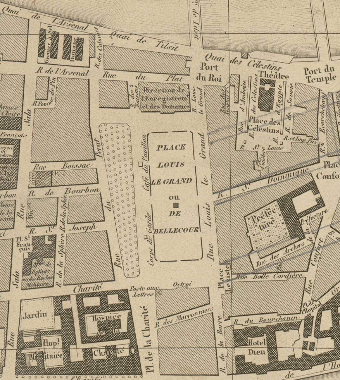 Plan de la ville de Lyon et de ses environs : lithographie NB par Tardieu (1852, cote : 2S/631, détail)