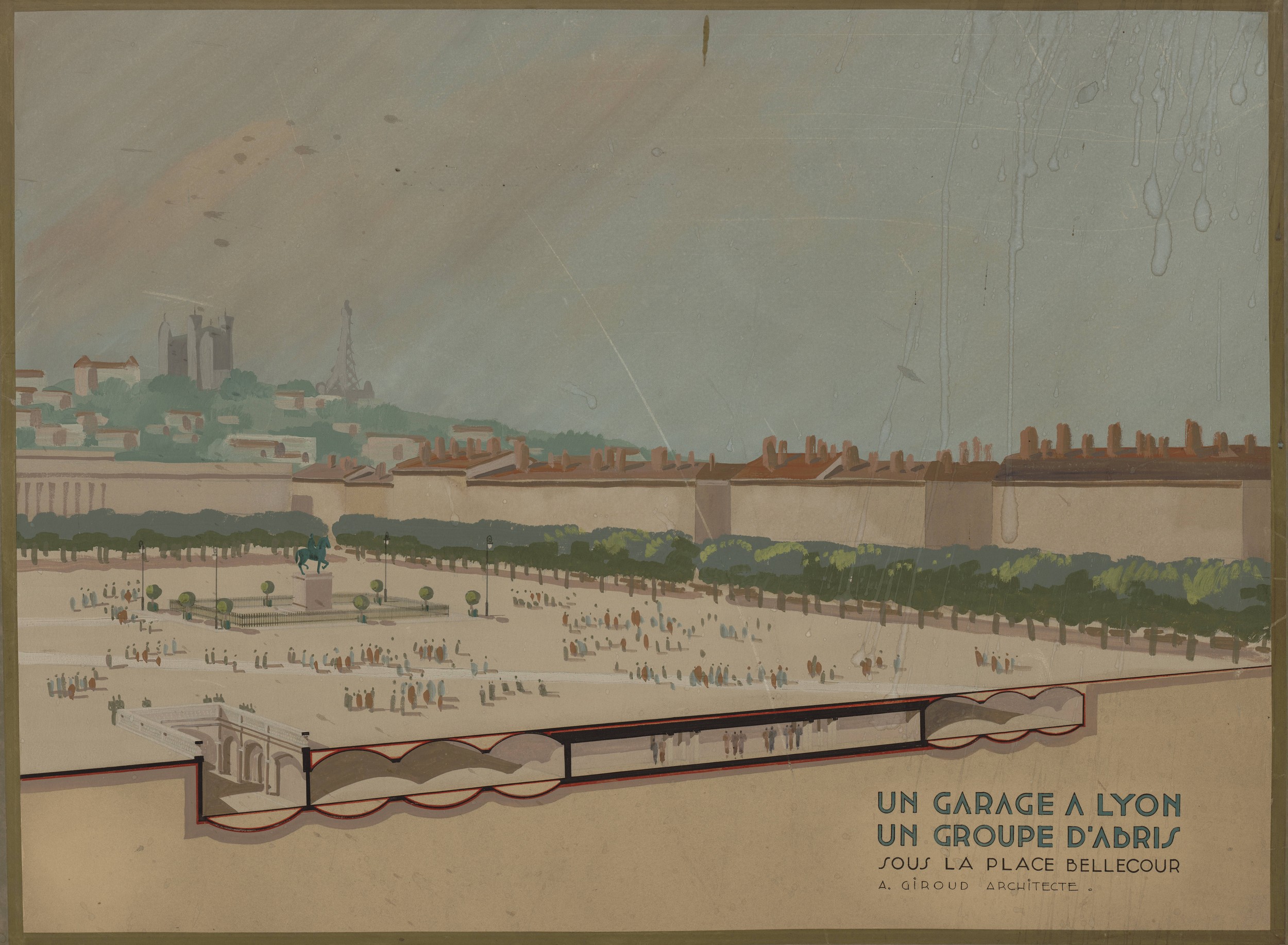 Projet de garage et de groupe d'abris sous la place Bellecour : dessin en couleur en perspective par A. Giroud (début XXe s., cote : 2S/910)