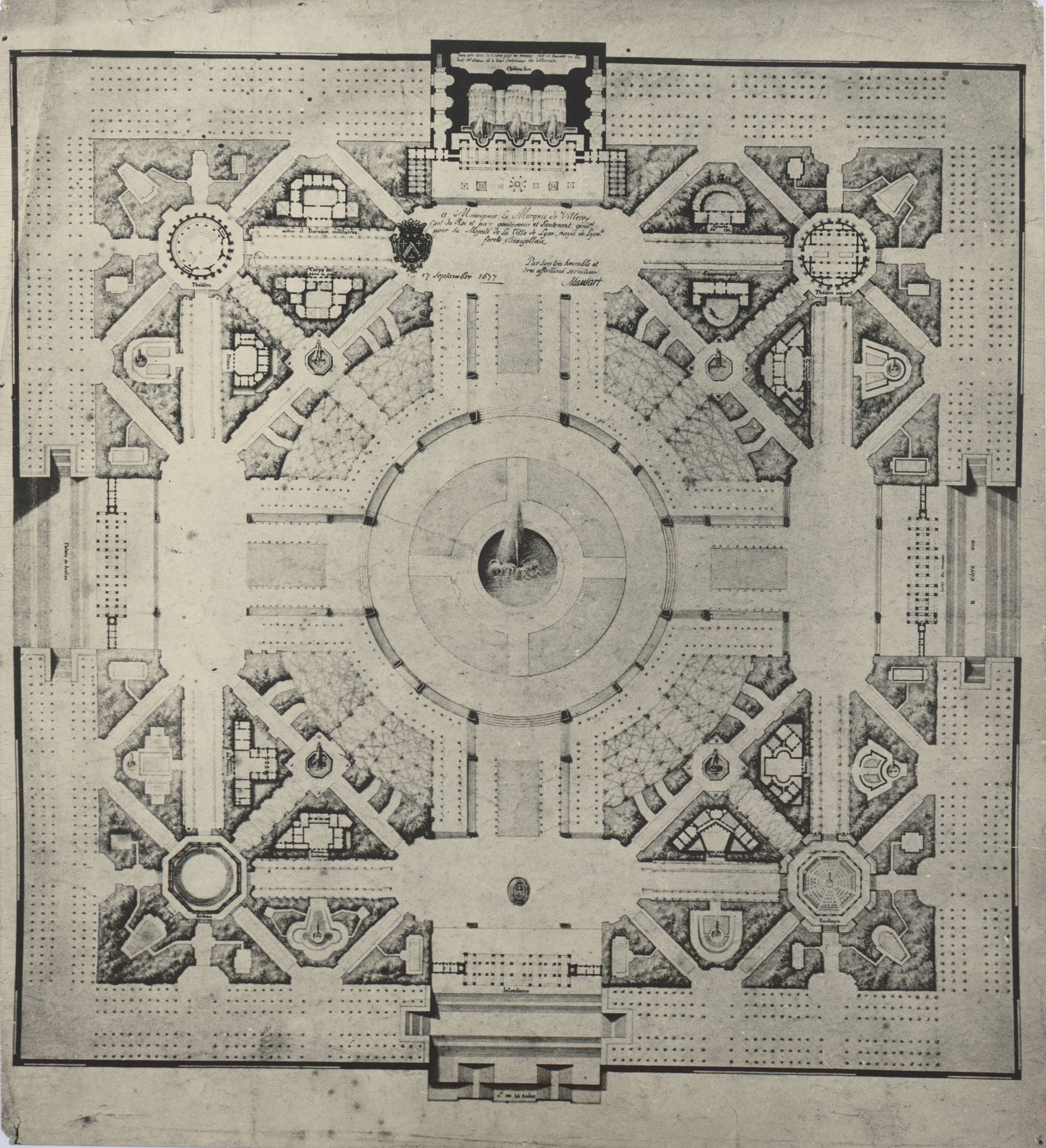 Projet pour la construction d'un quartier administratif [sur] la place Bellecour : dessin NB par J. Hardouin-Mansart (1677, cote : 3S/1229)