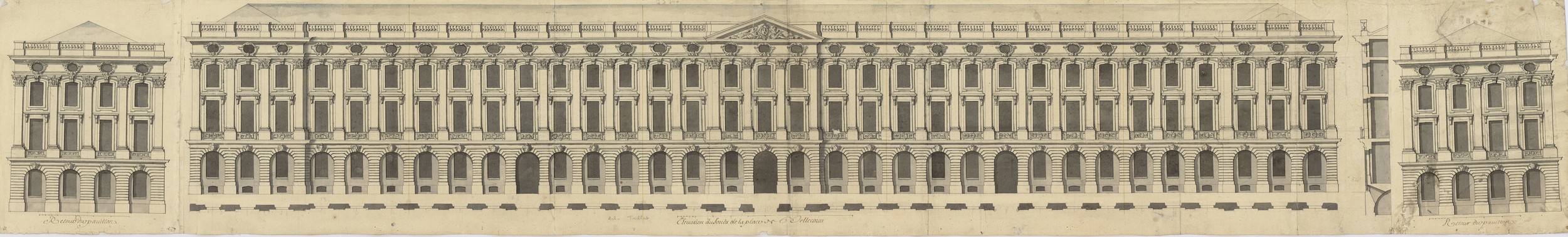 Elévation du fonds de la place de Bellecour, projet non réalisé : dessin manuscrit anonyme (1720, cote : 1S/167)