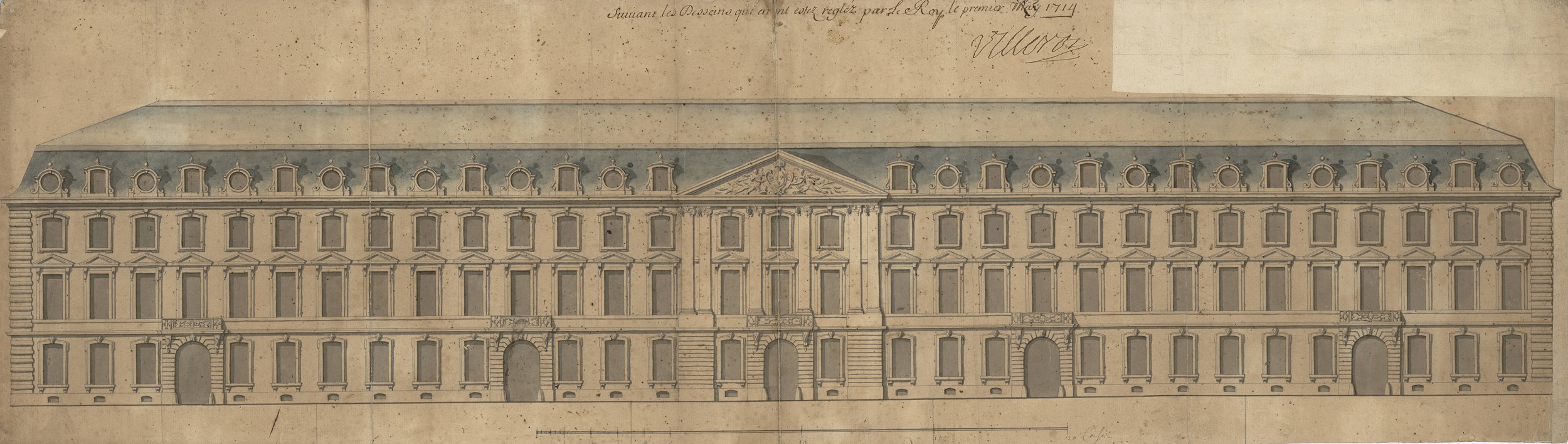 Elévation des façades des deux bouts de la place de Louis le Grand [Bellecour]: dessin manuscrit par de Cotte (1714, cote : 2S/292)