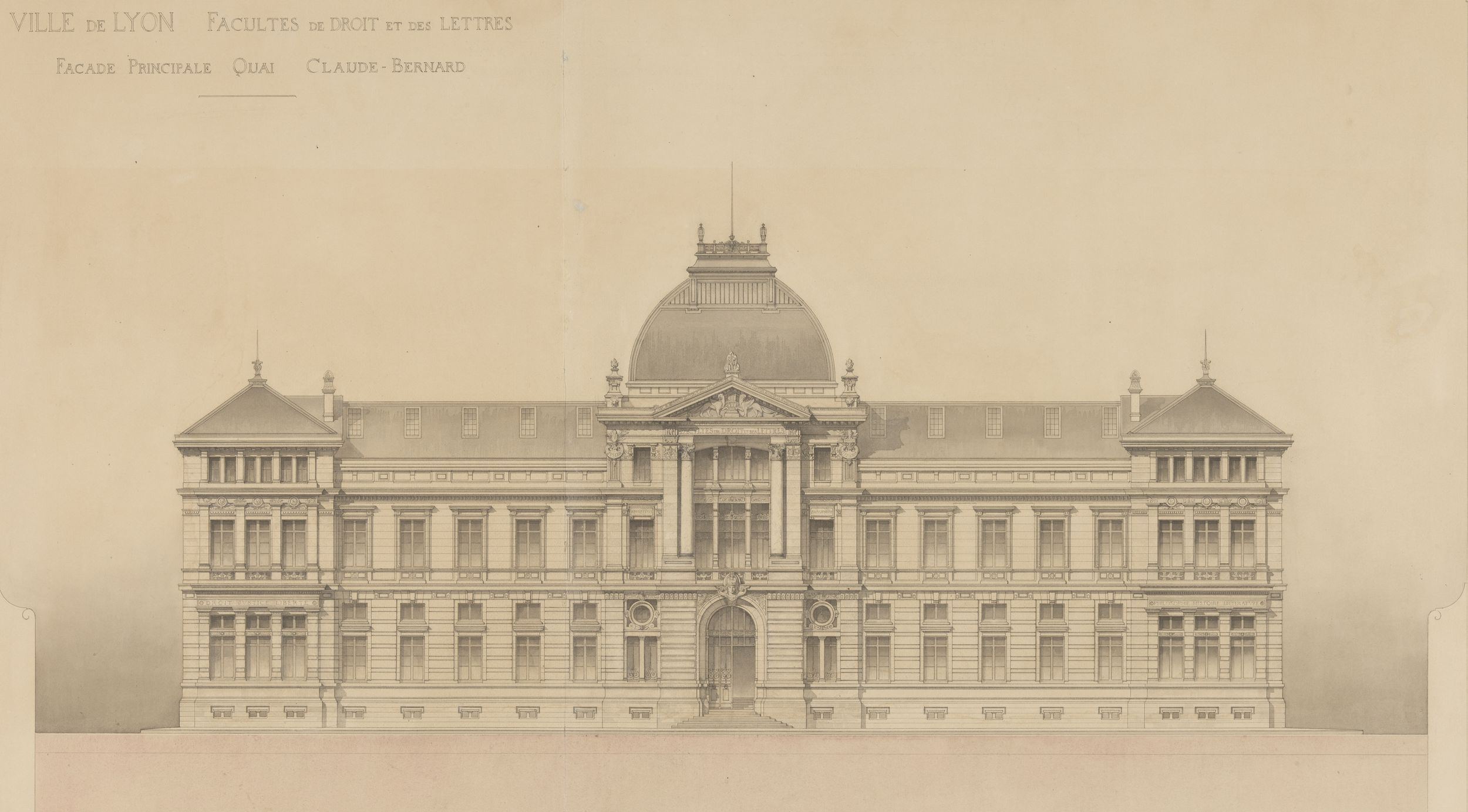 Faculté de droit et des lettres, quai Claude-Bernard, façade : planche d'architecture NB (1889, cote 2SAT/1/6)