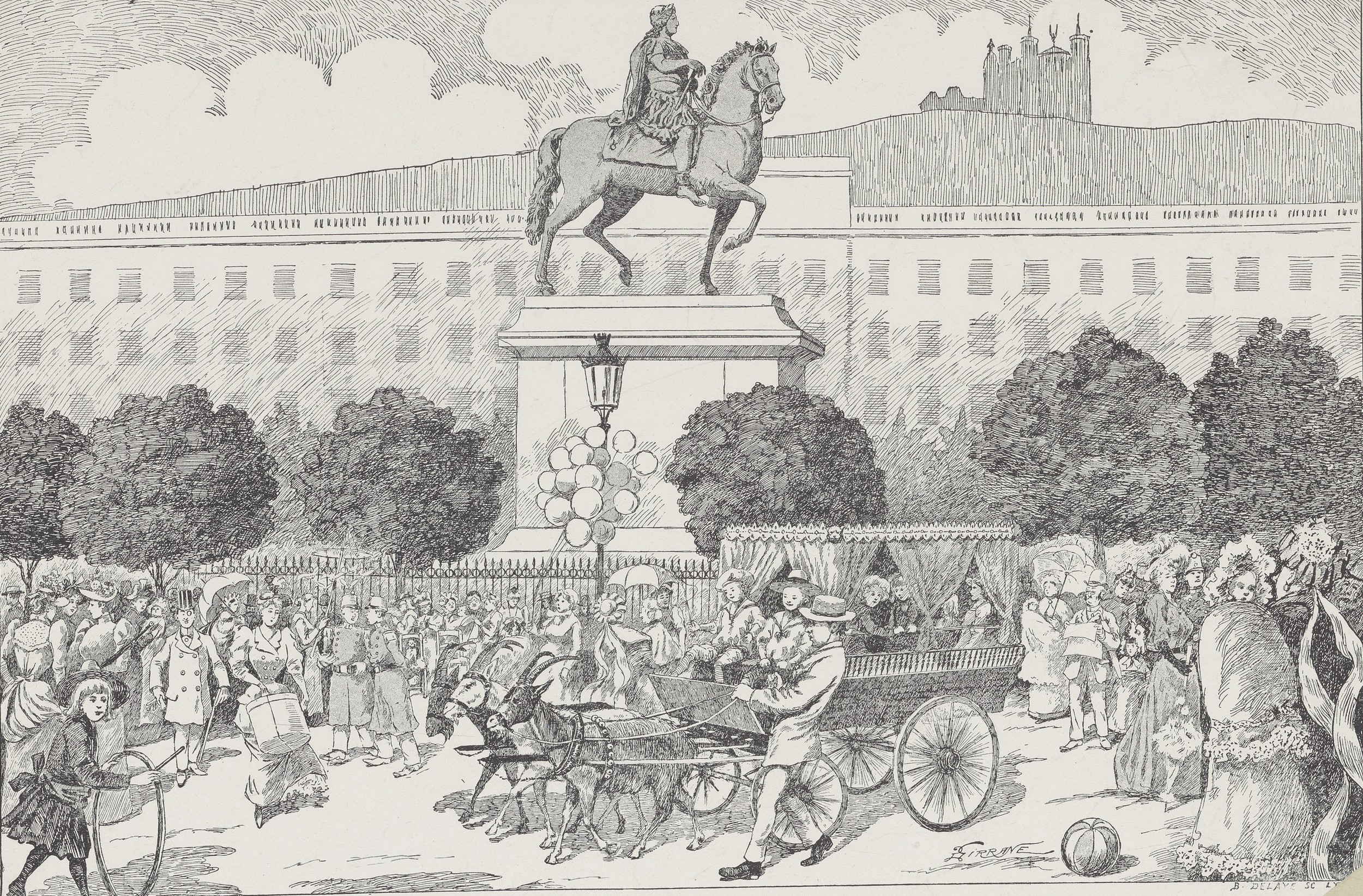 A Bellecour, aux pieds du cheval de bronze avec la voiture aux chèvres : typogravure de Girrane (1892, cote 63FI/22)