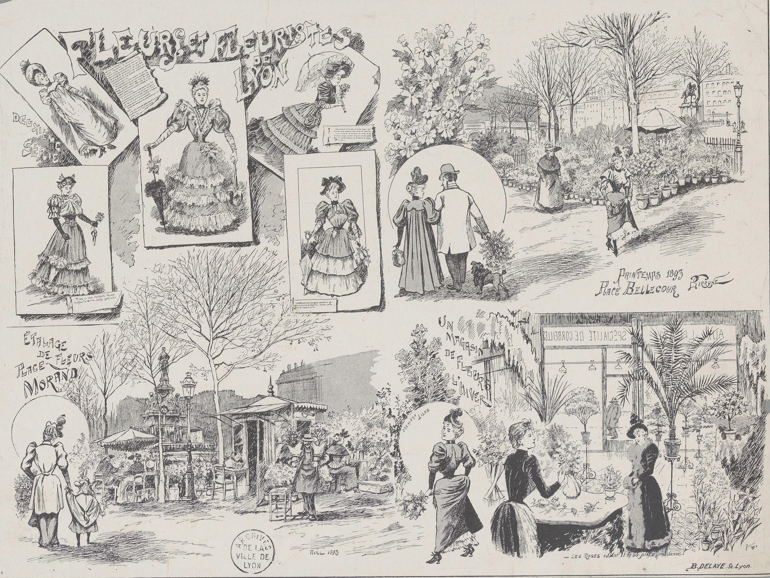 Fleurs et fleuristes place Bellecour et place Morand : dessins de Girrane et Delaye (1893, cote 63FI/32)