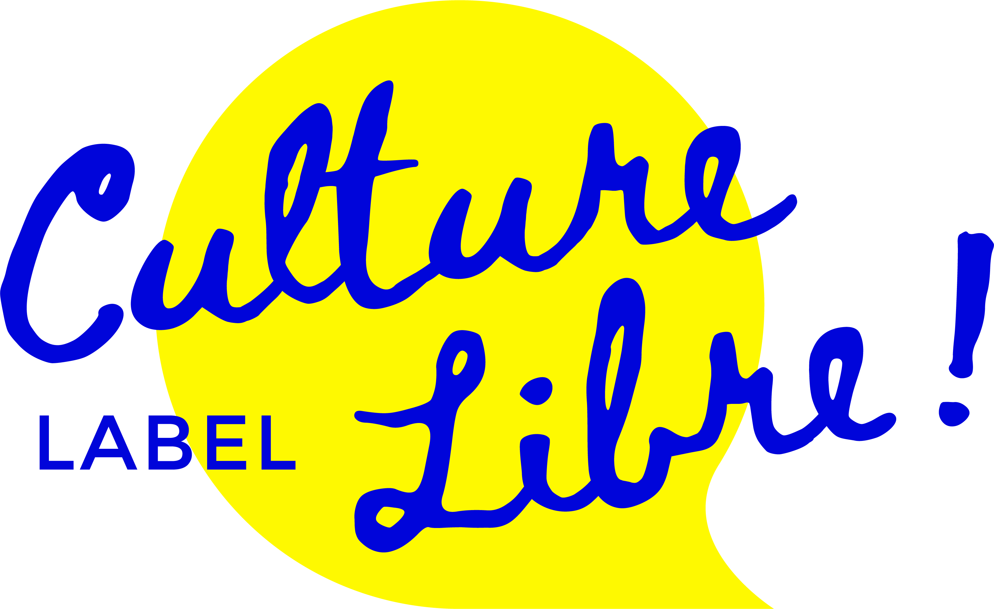 Logo du label Culture Libre écrit en bleu sur fond jaune, avec un point d'exclamation qui correspond au 1er niveau de labellisation
