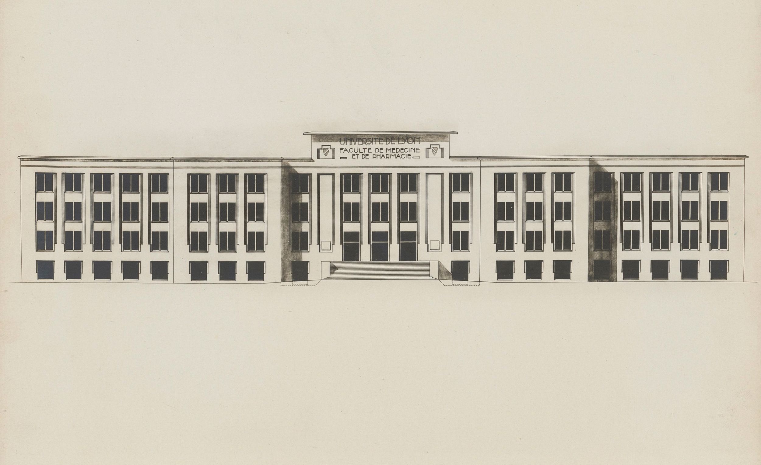 Faculté de médecine et de pharmacie, Lyon Est, campus Rockefeller, façade : planche d'architecture NB P. Bellemain (1928, cote 100PH/1/54)