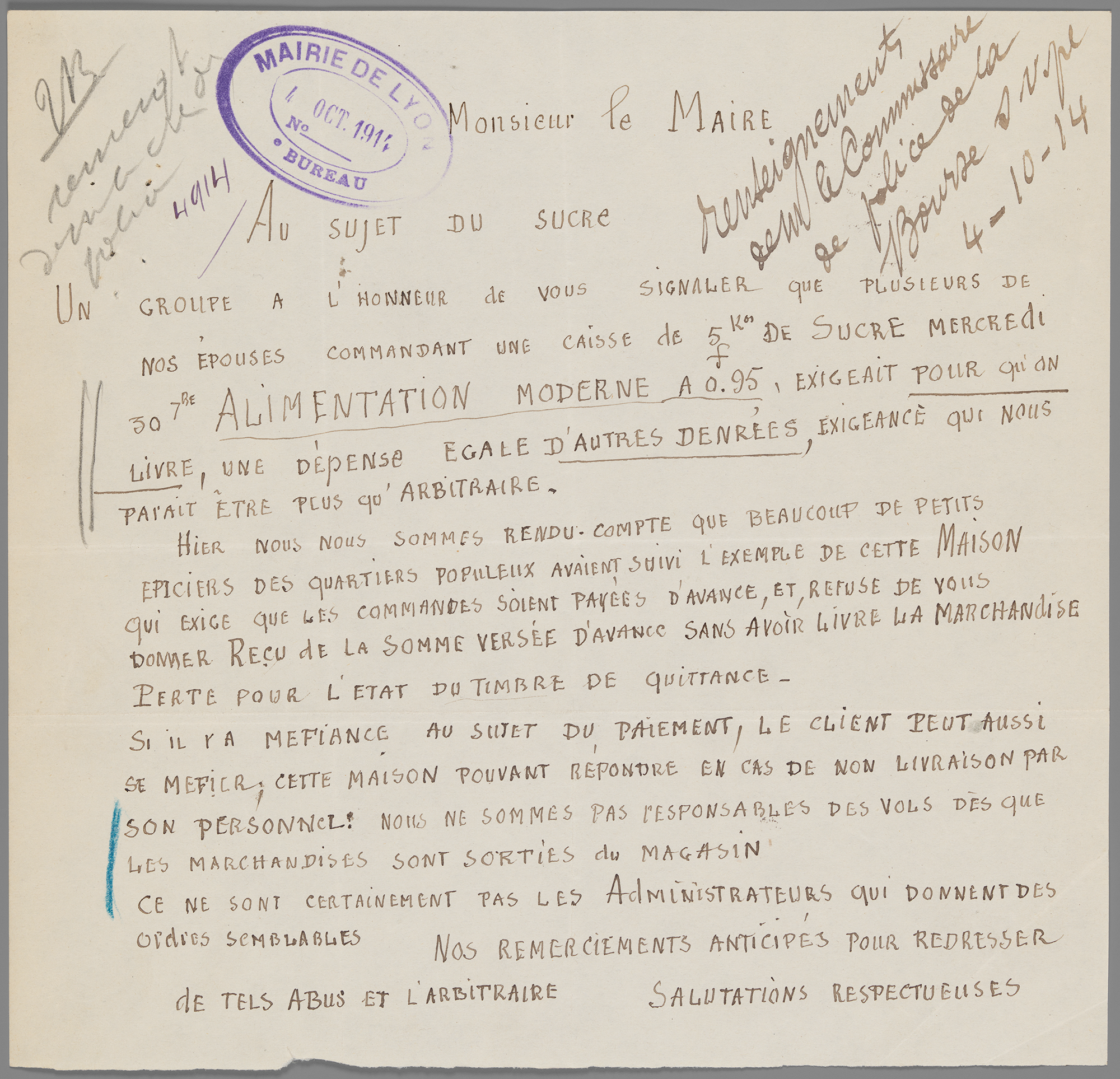 Lettre anonyme du 4 octobre 1914 relative aux abus des commerçants - 1229wp/127