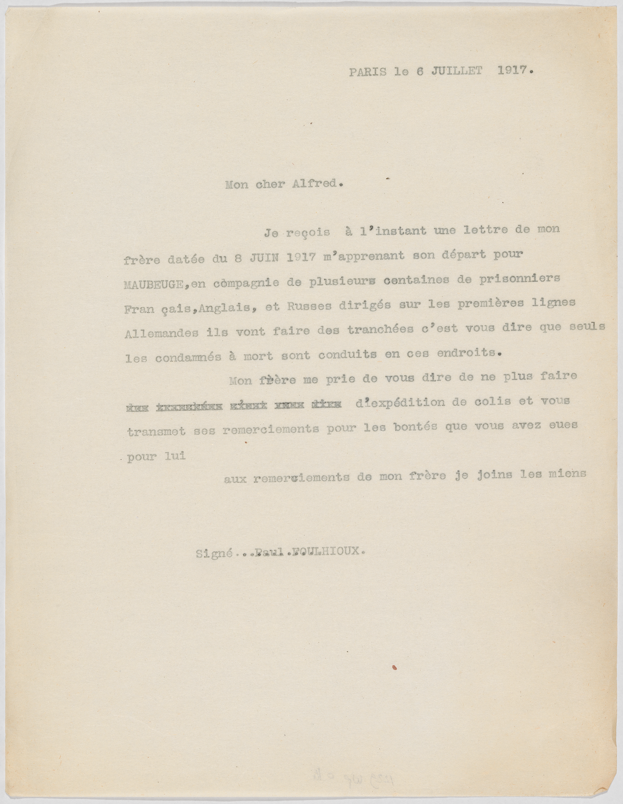 Lettre de Paul Foulhioux à Alfred 6 juillet 1917 - 1229wp/14