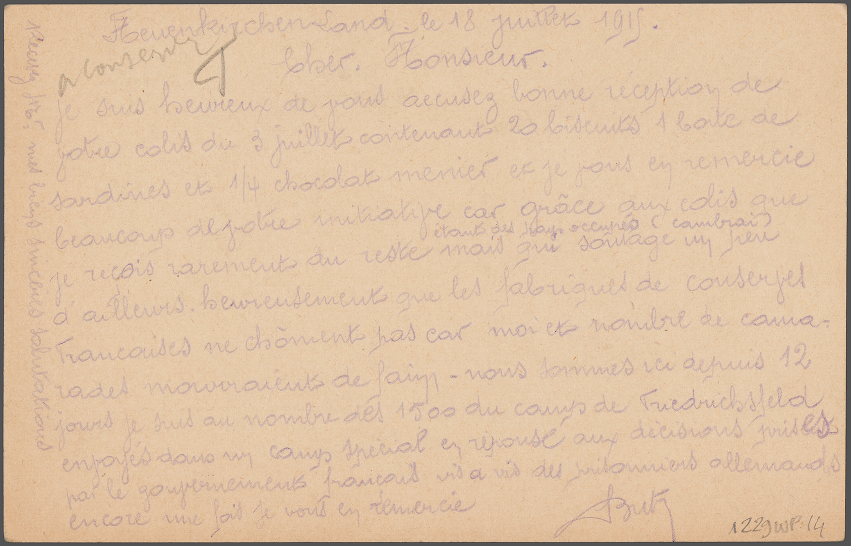 Lettre de remerciement d'un prisonnier du camp de Neuenkirschen à M. Herriot, 18 juillet 1915 - 1229wp/14