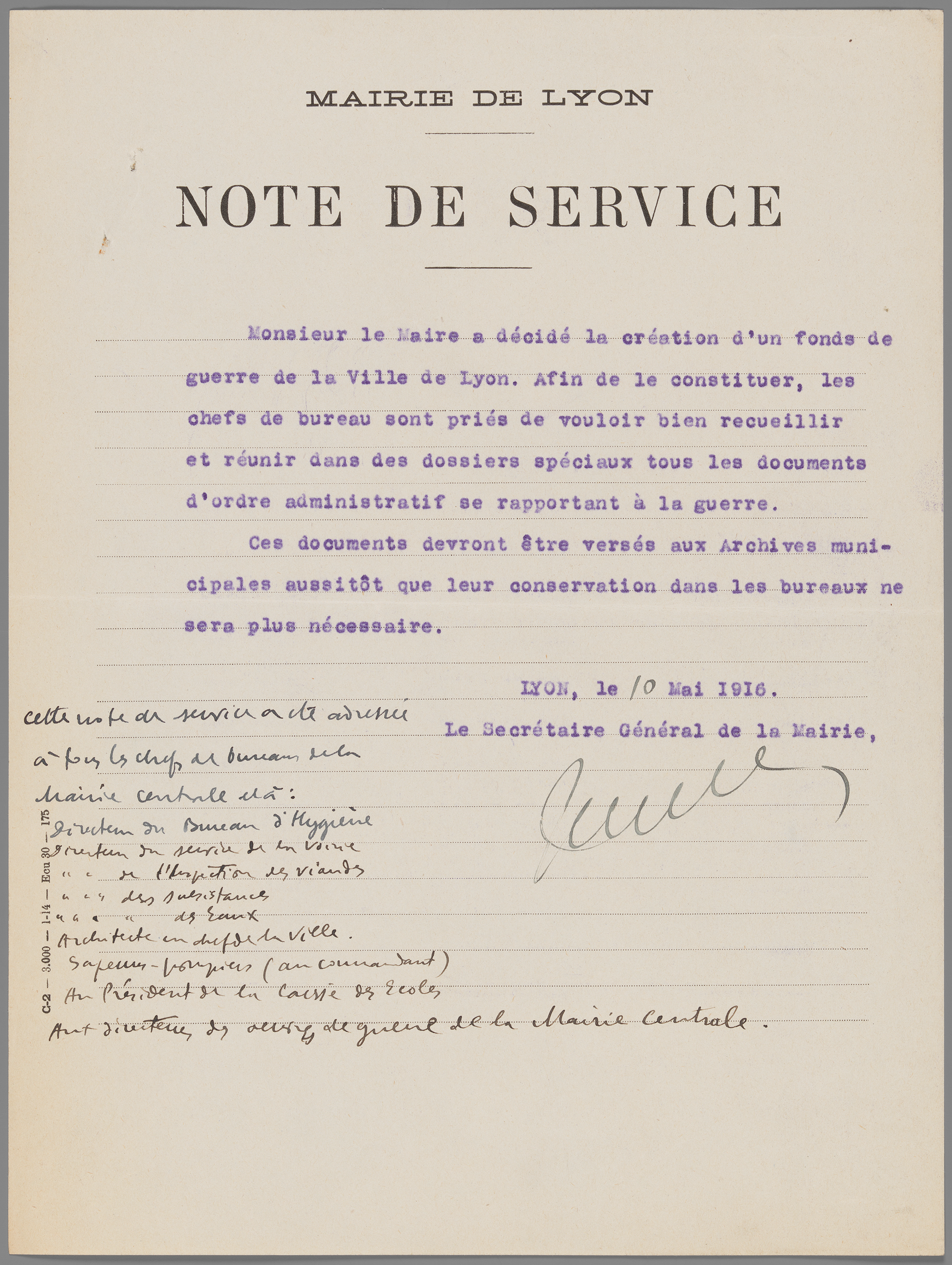 Mairie de Lyon, note de service relative à la conservation des archives de la guerre, 10 mai 1916 - 1229wp/03