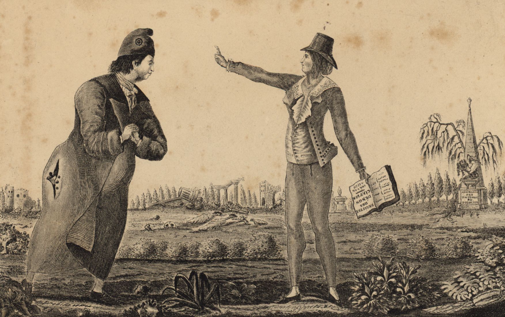 « Épargne de grâce », scène satirique en référence au siège de Lyon de 1793 : gravure au burin NB (1795, cote 16FI/64)