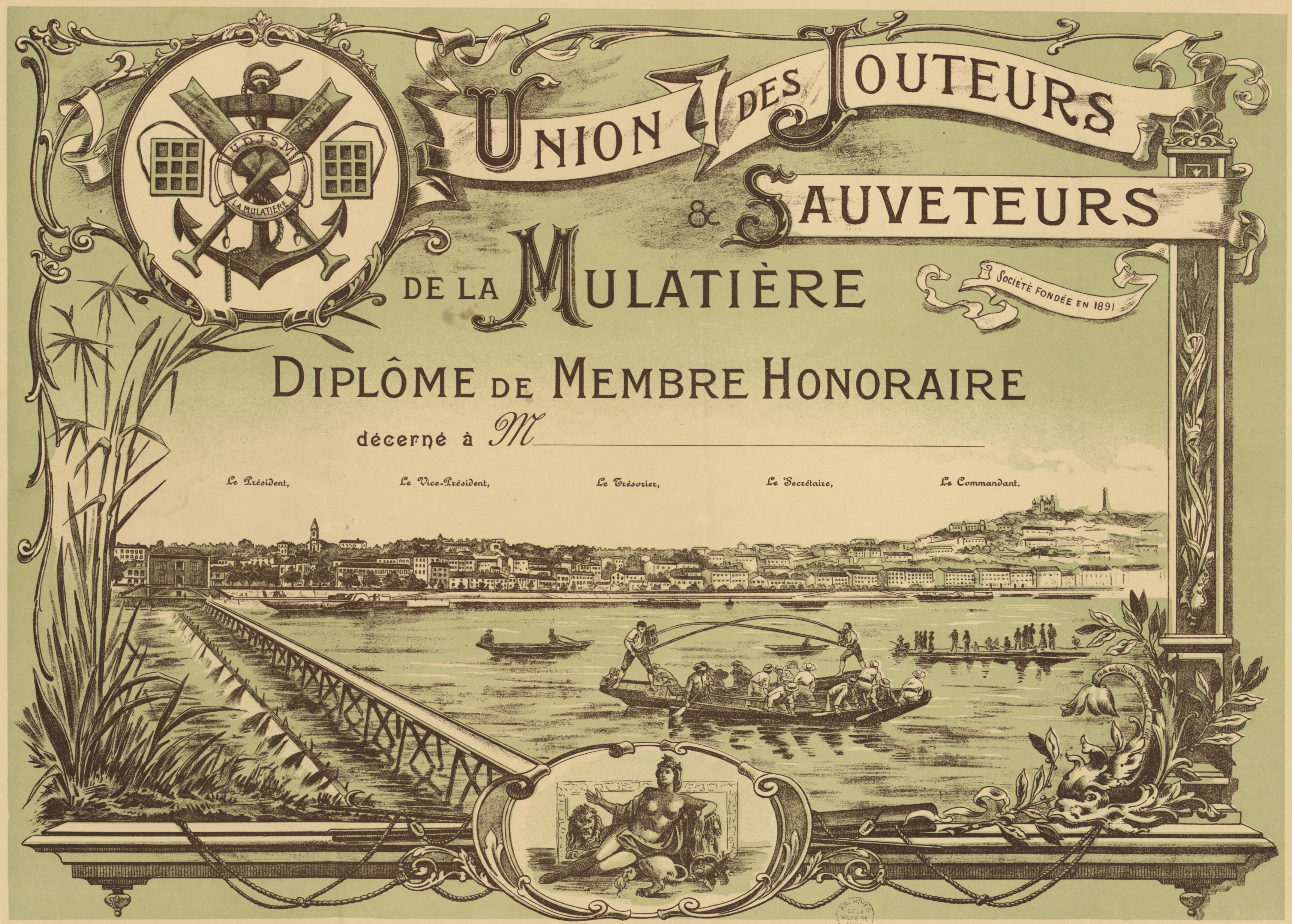 Union des jouteurs et sauveteurs de la Mulatière, diplôme de membre d'honneur (1910, cote 16FI/471)