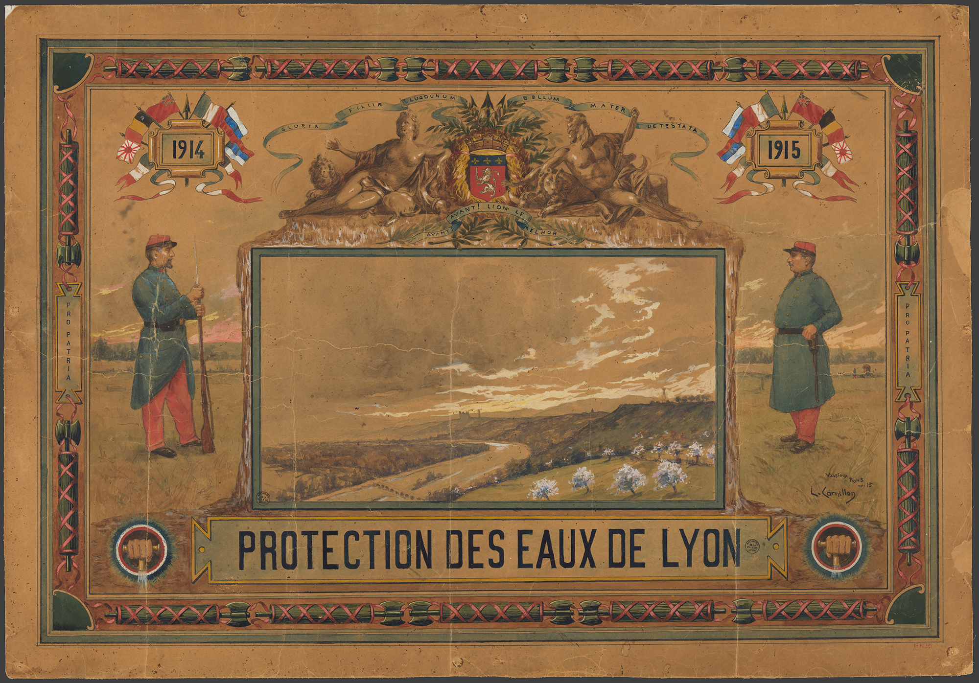 Protection des eaux de Lyon, dessin de Louis Cornillon, 1915, lavis, aquarelle et gouache (H. 0,755 m ; L. 1,080 m). - 17FI/55