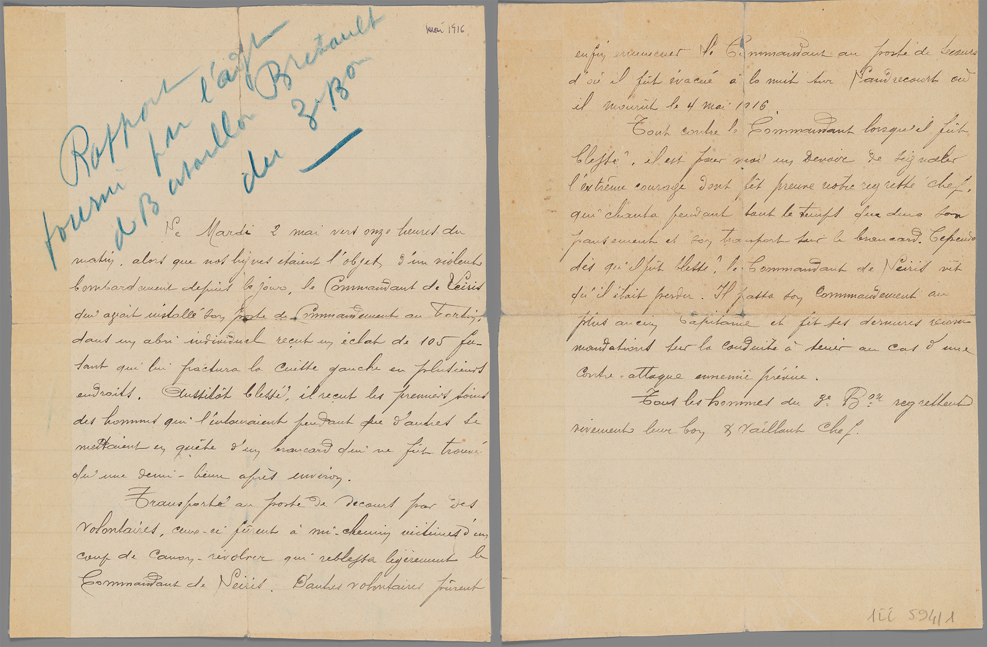 Courrier adressé à Mme de Leiris annonçant la mort de son époux, mai 1916 - 1ii/594/1