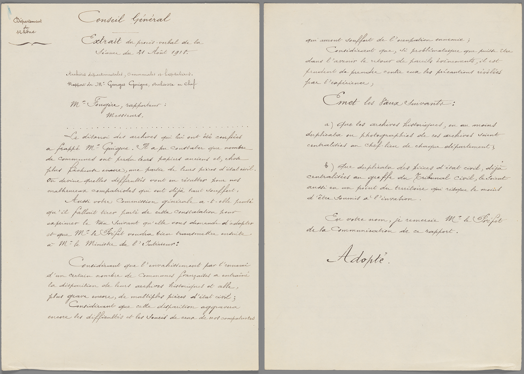 Extrait du procès-verbal de la séance du 21 août 1918, Conseil Général du Rhône (Archives départementales du Rhône - 1W/73