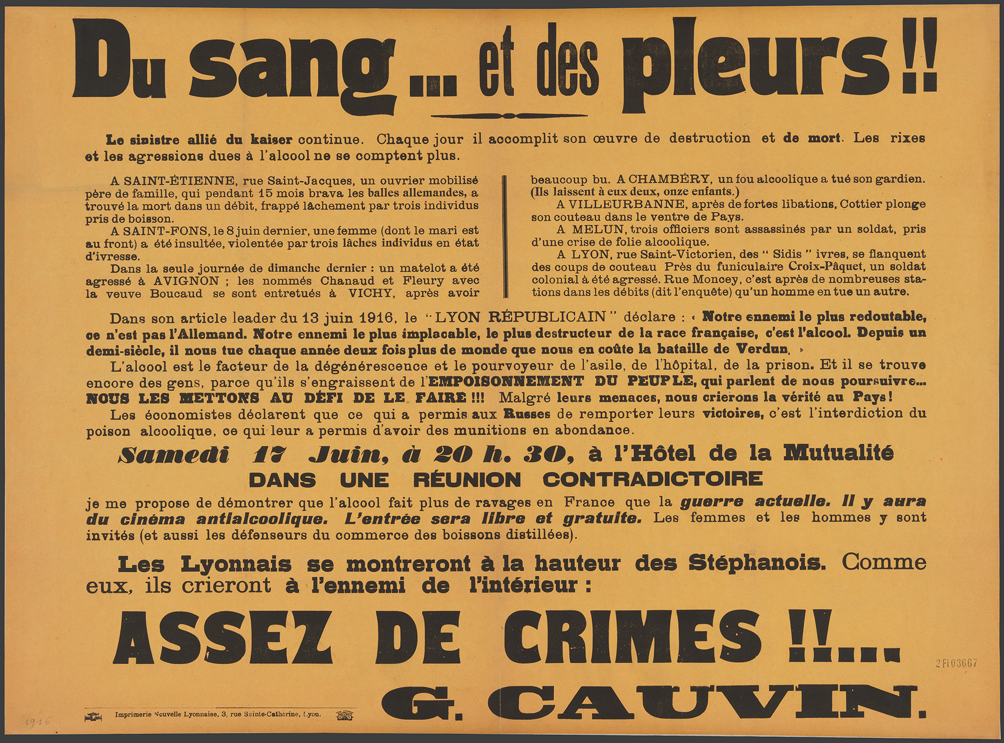 Affiche de la Ligue nationale contre l’alcoolisme, 1916- 2FI/3667