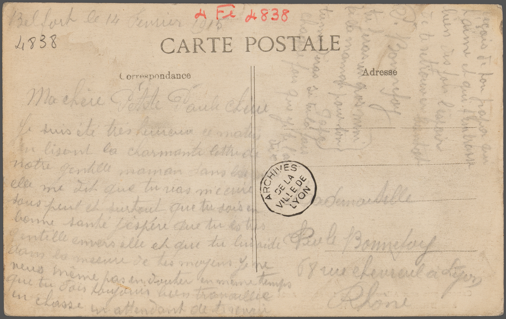 Carte postale de P. Bonnefoy à sa fille, 14 février 1915 - 4fi/4838