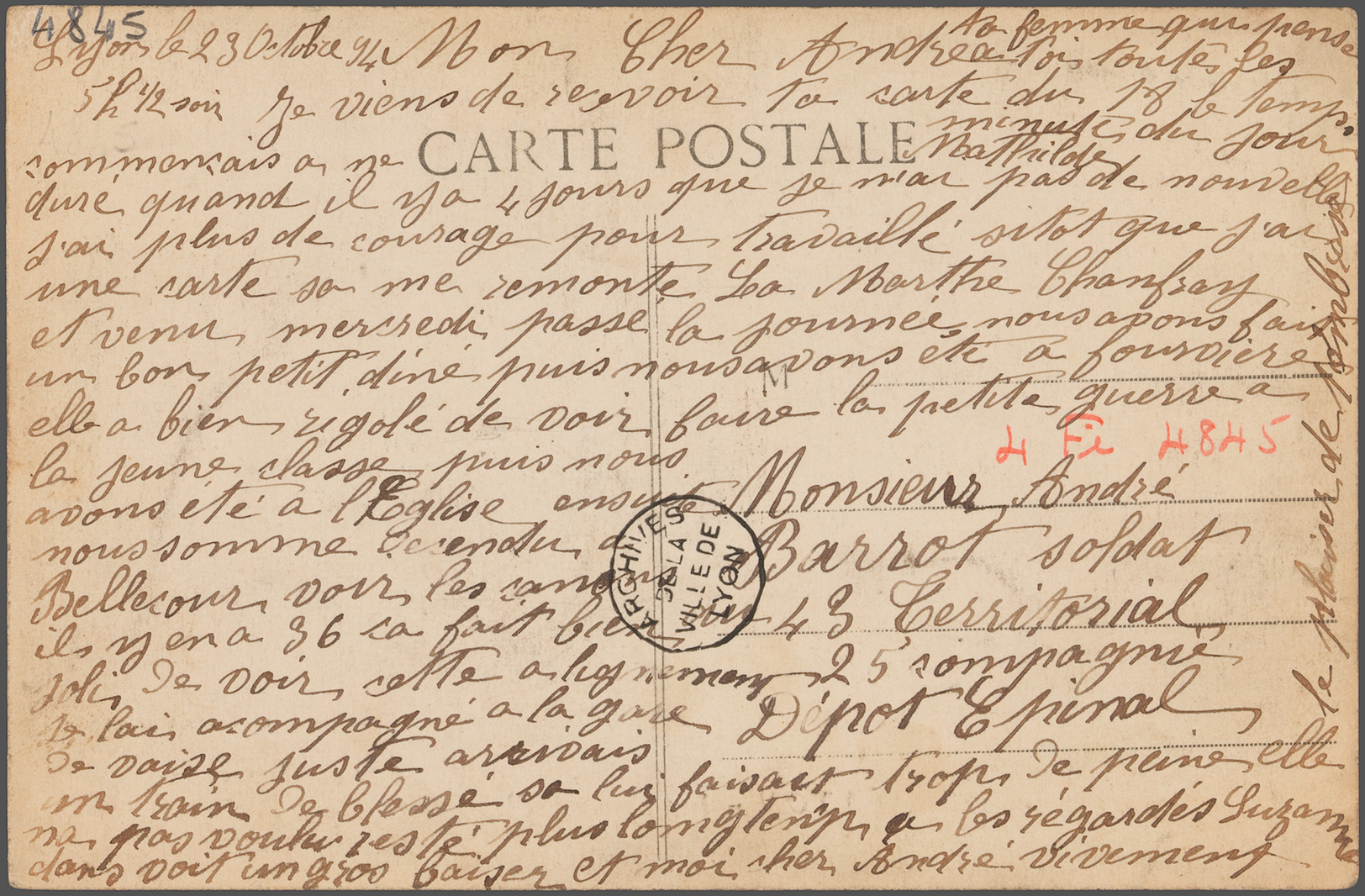 Lettre de Mathilde Barrot à son époux André, 23 octobre 1914 - 4fi/4845