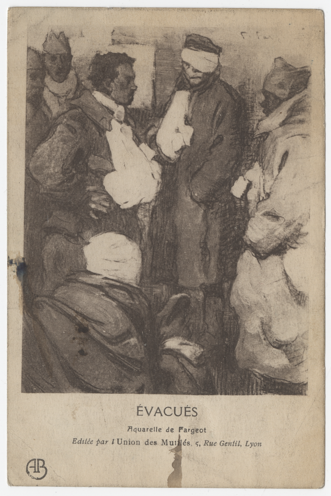 "Evacués", Aquarelle de Fargeot, éditée par l'Union des Mutilés, Lyon, 1914-1918 - 4FI/4932