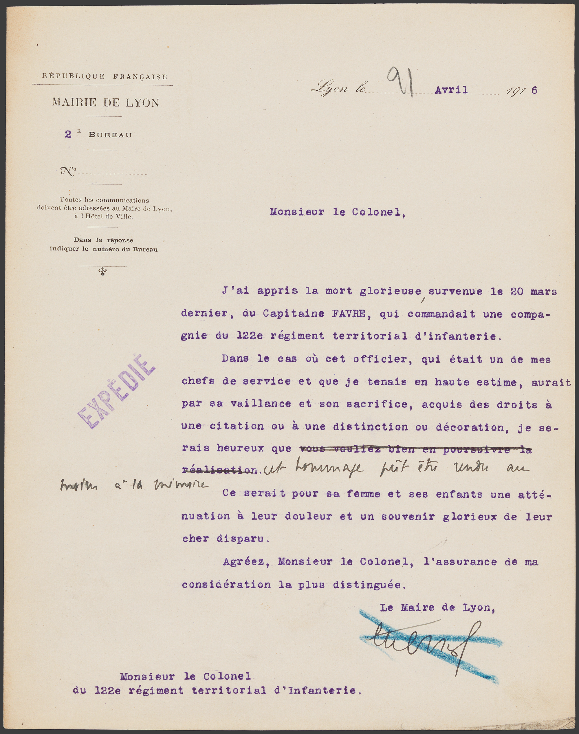 Courrier D'E. Herriot à l'administration militaire au sujet d'une citation pour Adolphe Favre, 21 avril 1916 - 524W/391