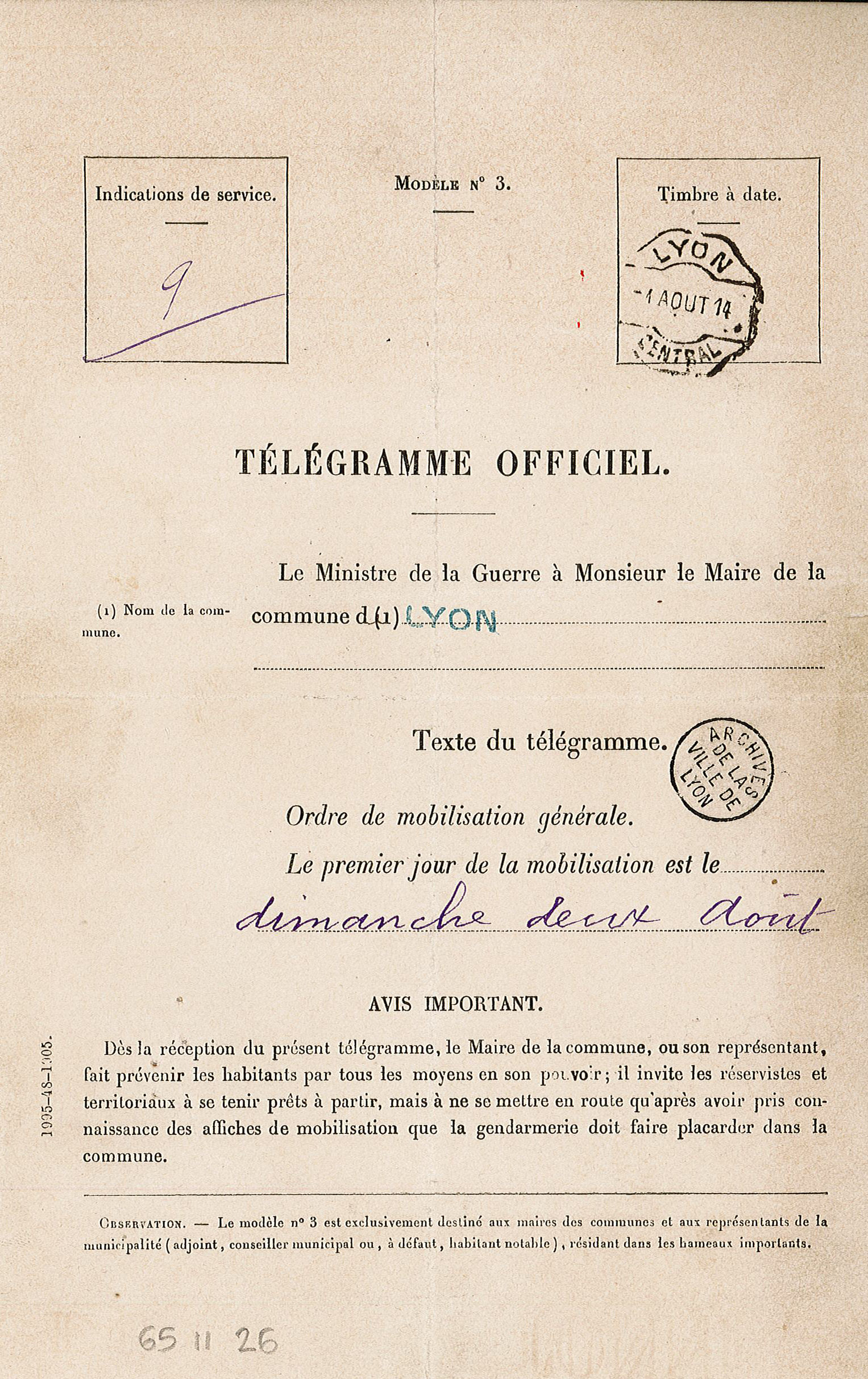 Télégramme annonçant la Mobilisation générale - 65ii/26
