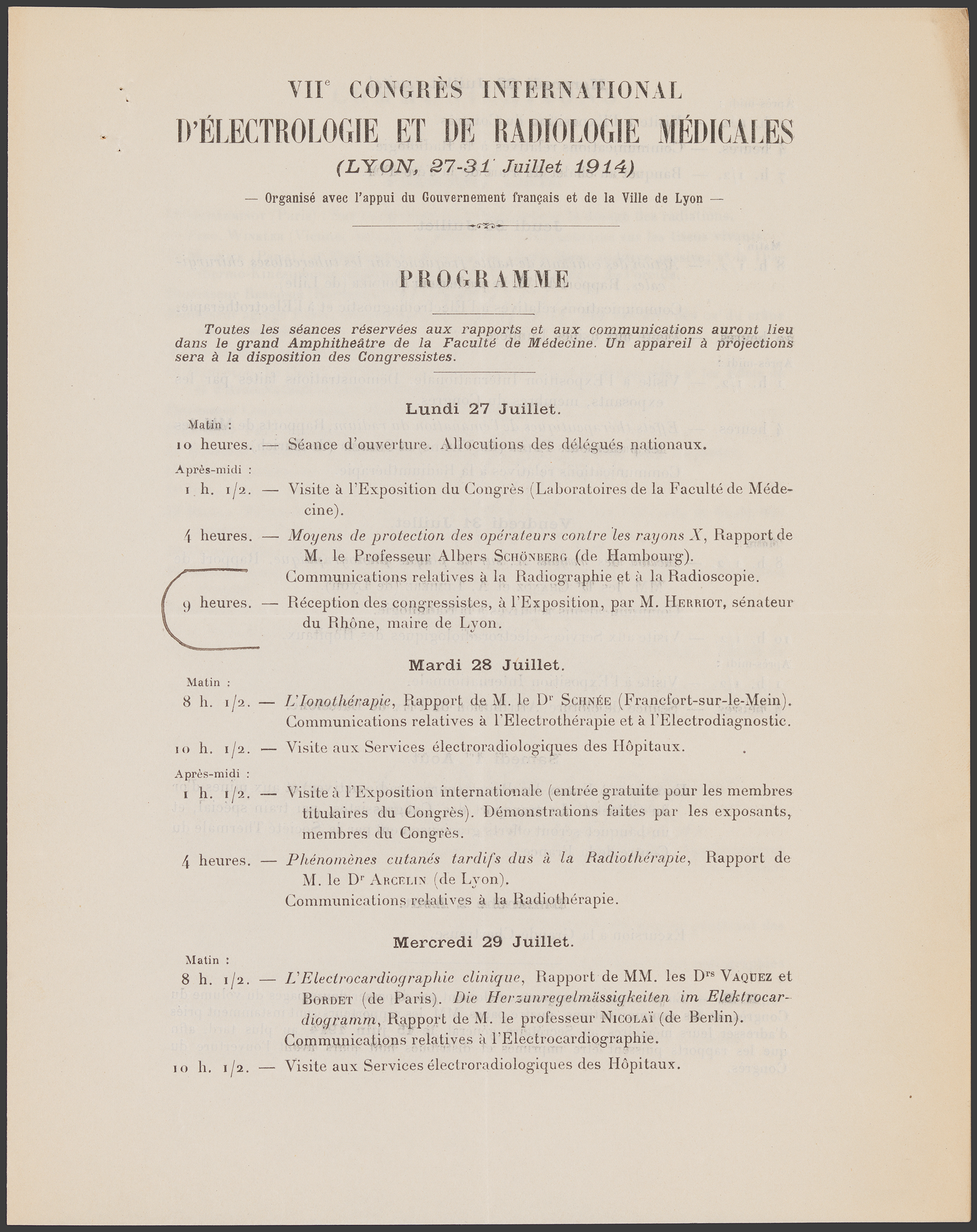 Extrait du programme du VIIe congrès international d’électrologie et de radiologie médicales de Lyon en juillet 1914 - 782WP/73/1