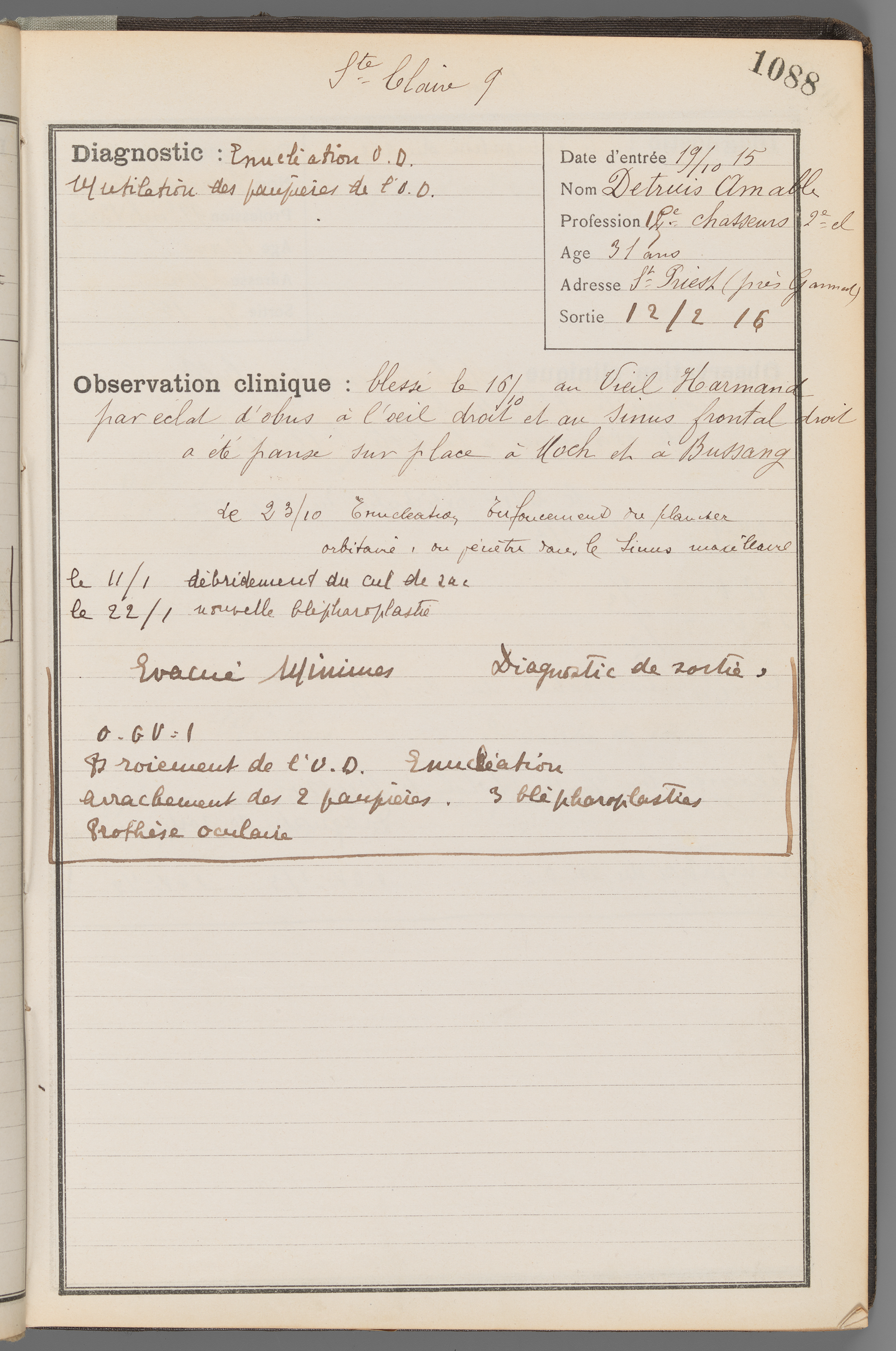 Registre d’observations médicales (ROM), Service du professeur Rollet, blessés militaires hospitalisés, 1915-1916 HCL/AC/1R/1303