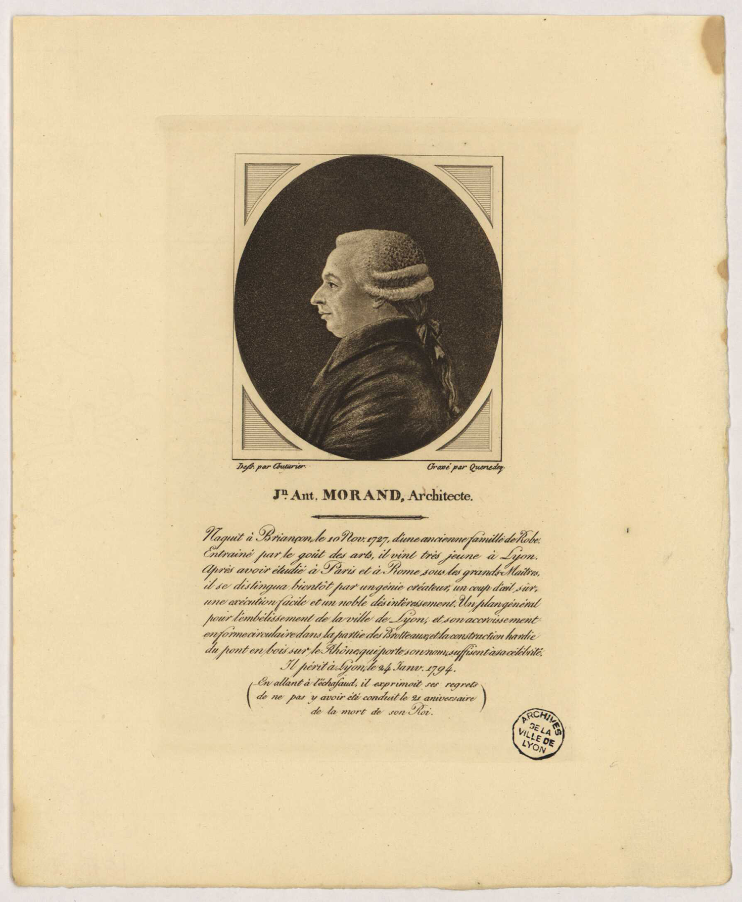 Portrait de profil de Jean-Antoine Morand accompagné d'une notice biographique et gravé par Edmé Quenedey d'après un dessin de Charles Couturier - 16fi125