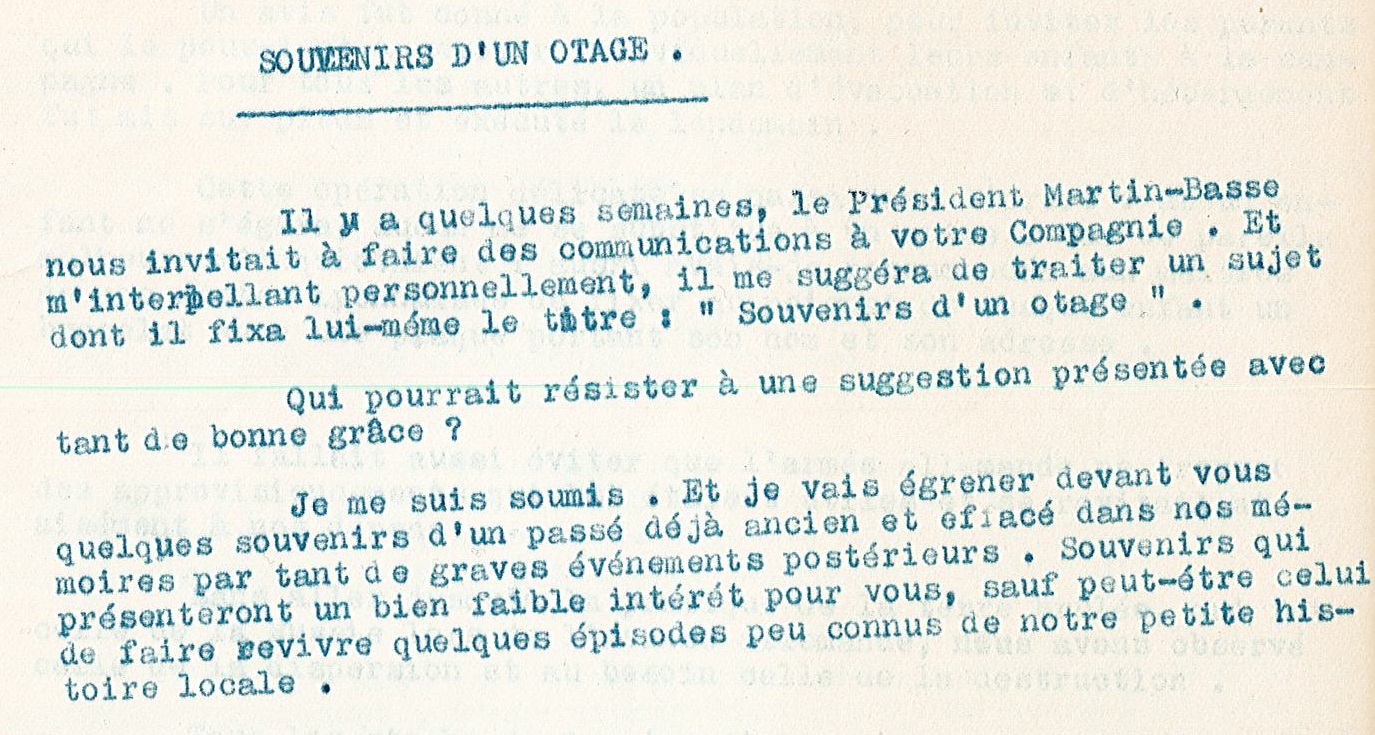 « Souvenirs d’un otage », témoignage de Georges Cohendy, 1961 Page 1, extrait - 1II/524