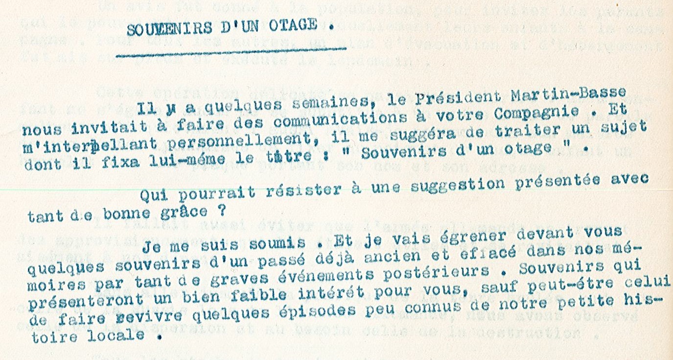 « Souvenirs d’un otage », témoignage de Georges Cohendy, 1961 Page 1, extrait - 1II/524