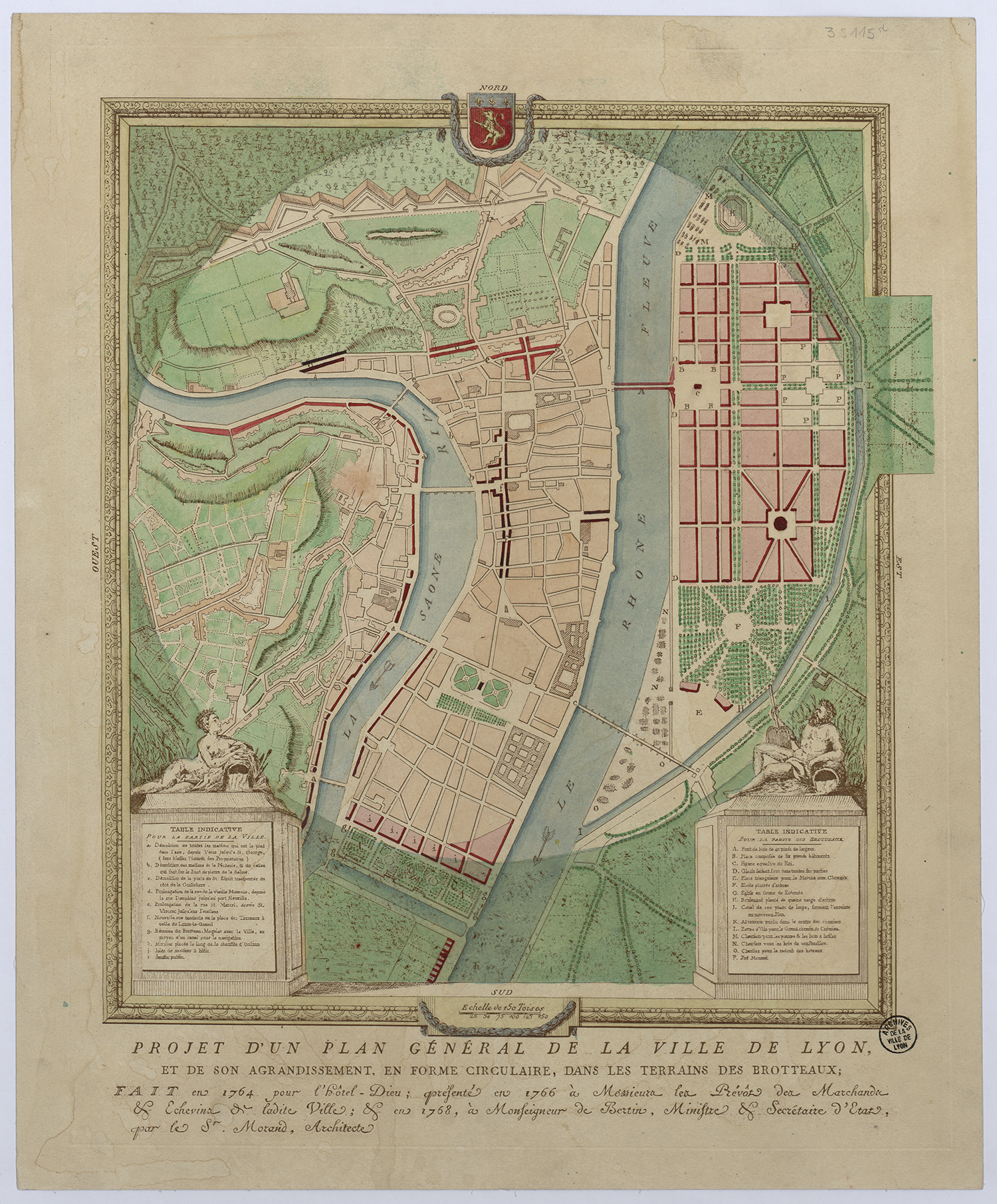 Projet d’un plan général de la Ville de Lyon et de son agrandissement, en forme circulaire, dans les terrains des Brotteaux, par Jean-Antoine Morand, 1764 - 3 S 00115 A