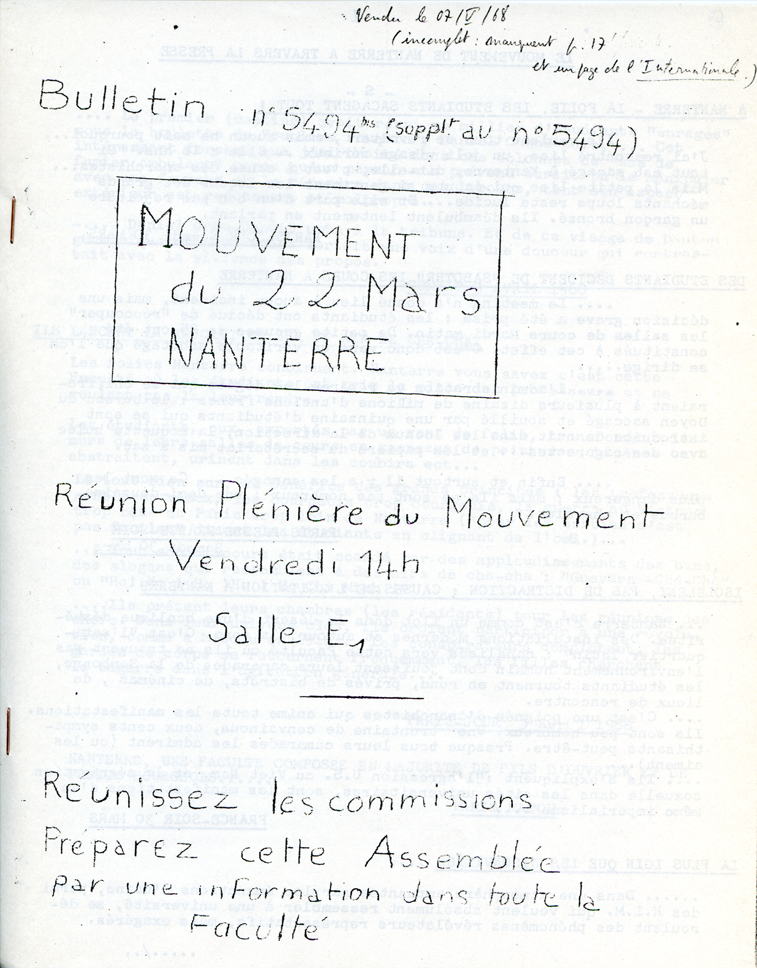 Bulletin étudiant - Mouvement du 22 mars Nanterre - 5fi187