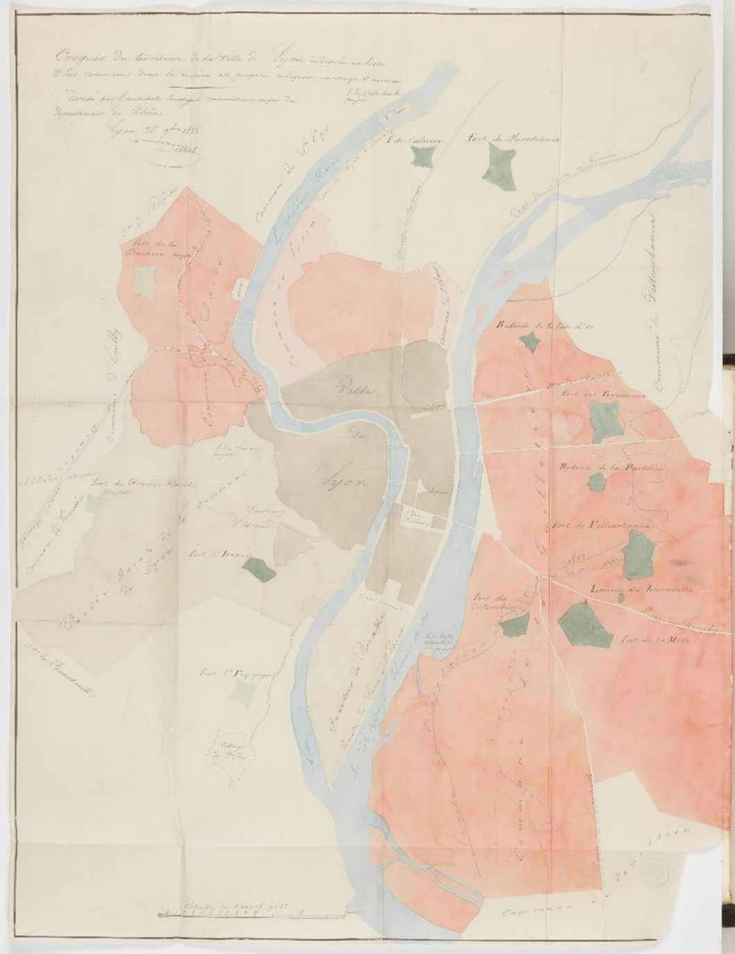 Carte de Lyon réalisée à la demande d’Adrien de Gasparin et annexée à son rapport du 27 novembre 1832 (AML, 4II/1)