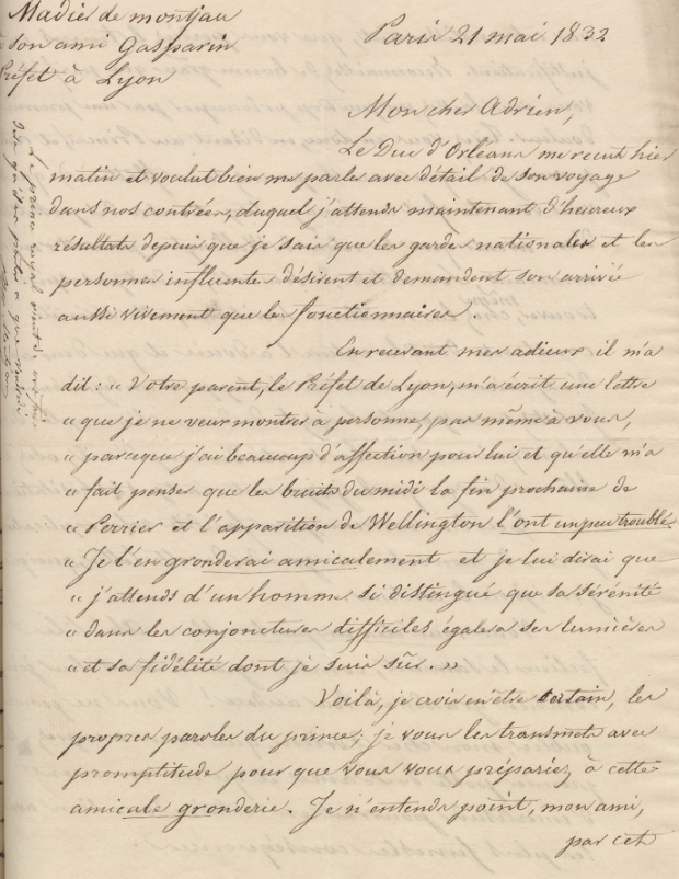Lettre « amicale » de Joseph-Paulin Madier de Montjau, conseiller à la Cour de cassation, à Gasparin, 21 mai 1832 (AML, 4II/2).