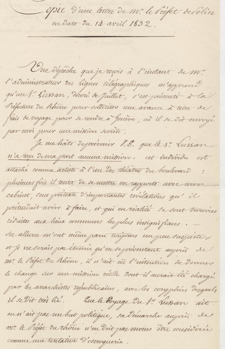 Copie d’une lettre du préfet de police de Paris transmise par le ministre de l’Intérieur concernant un certain Lussan, 14 avril 1832 (4II/2)