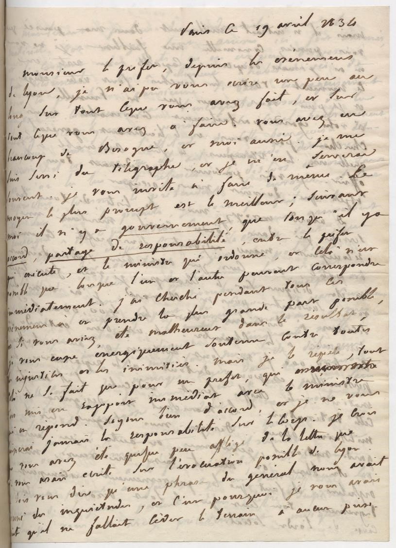 Lettre autographe signée d’Adolphe Thiers à Gasparin (extrait), 19 avril 1834 (AML, 4II/4)