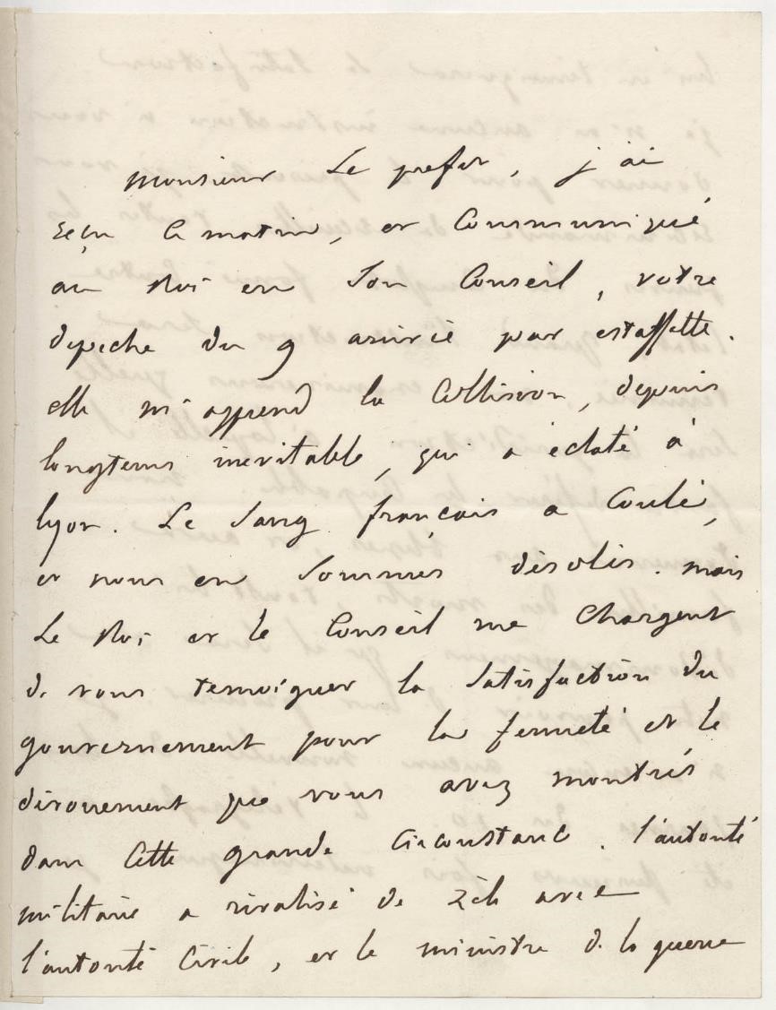 « Le sang français a coulé et nous en sommes désolés, mais le Roi et le Conseil me chargent de vous témoigner la satisfaction du gouvernement… », lettre autographe signée d’Adolphe Thiers à Adrien de Gasparin, 11 avril 1834 (AML, 4II/5).