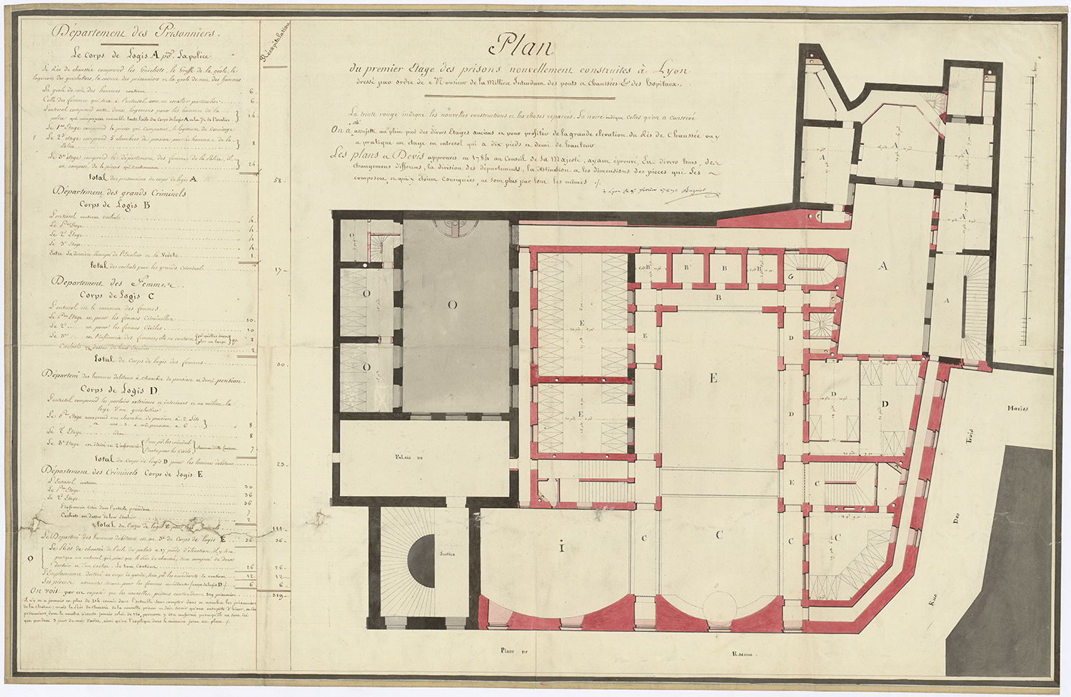 Plan du premier étage des prisons nouvellement construites à Lyon Par Pierre Gabriel Bugnet (03/02/1789) - 2S/201