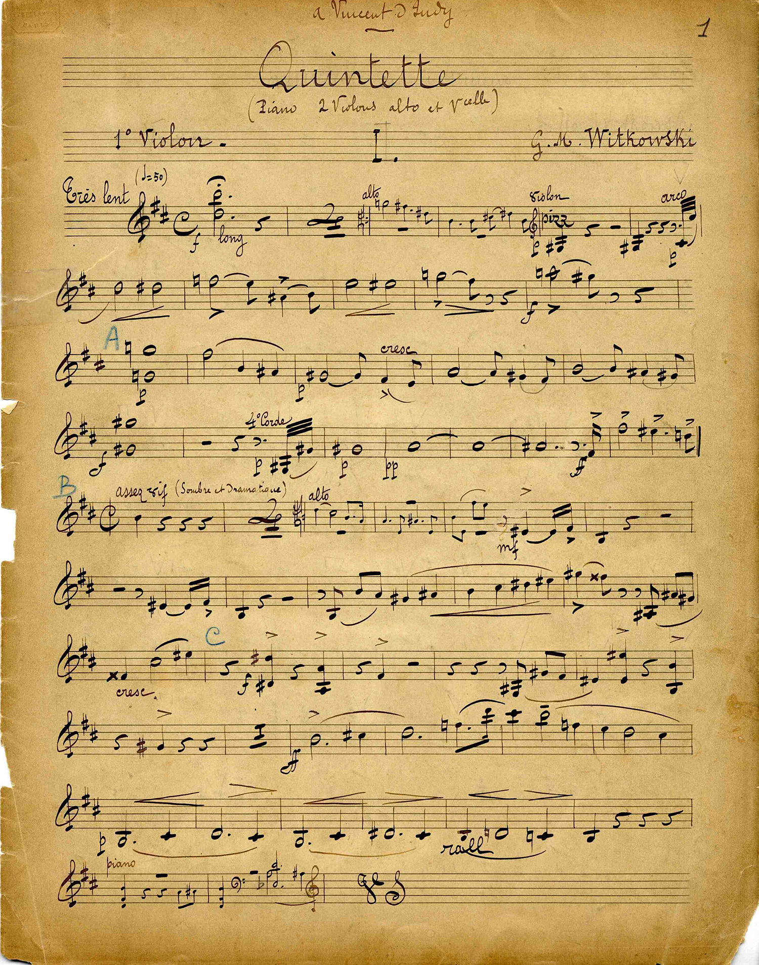 Page de la partition du quintette pour piano et cordes, par Gorges Martin Witkowski, dédié à Vincent d’Indy, 1898 - 214ii/12