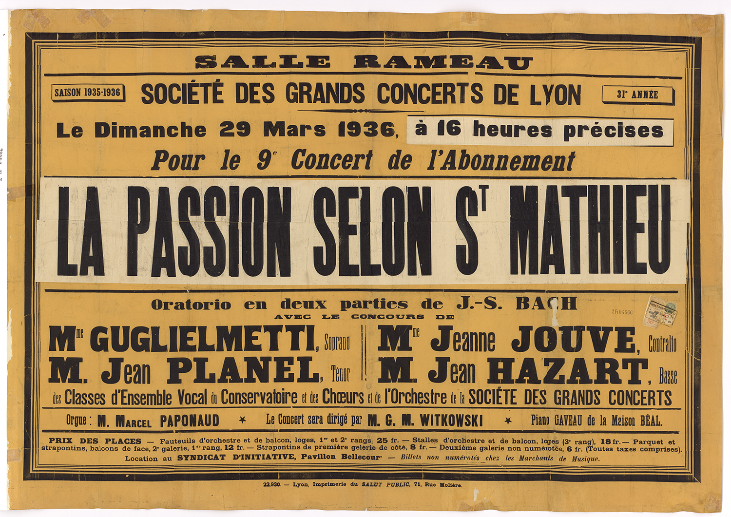 Affiche de concert de la Société des grands concerts de Lyon, direction Georges Martin Witkowski, 1936 - 2FI/04666