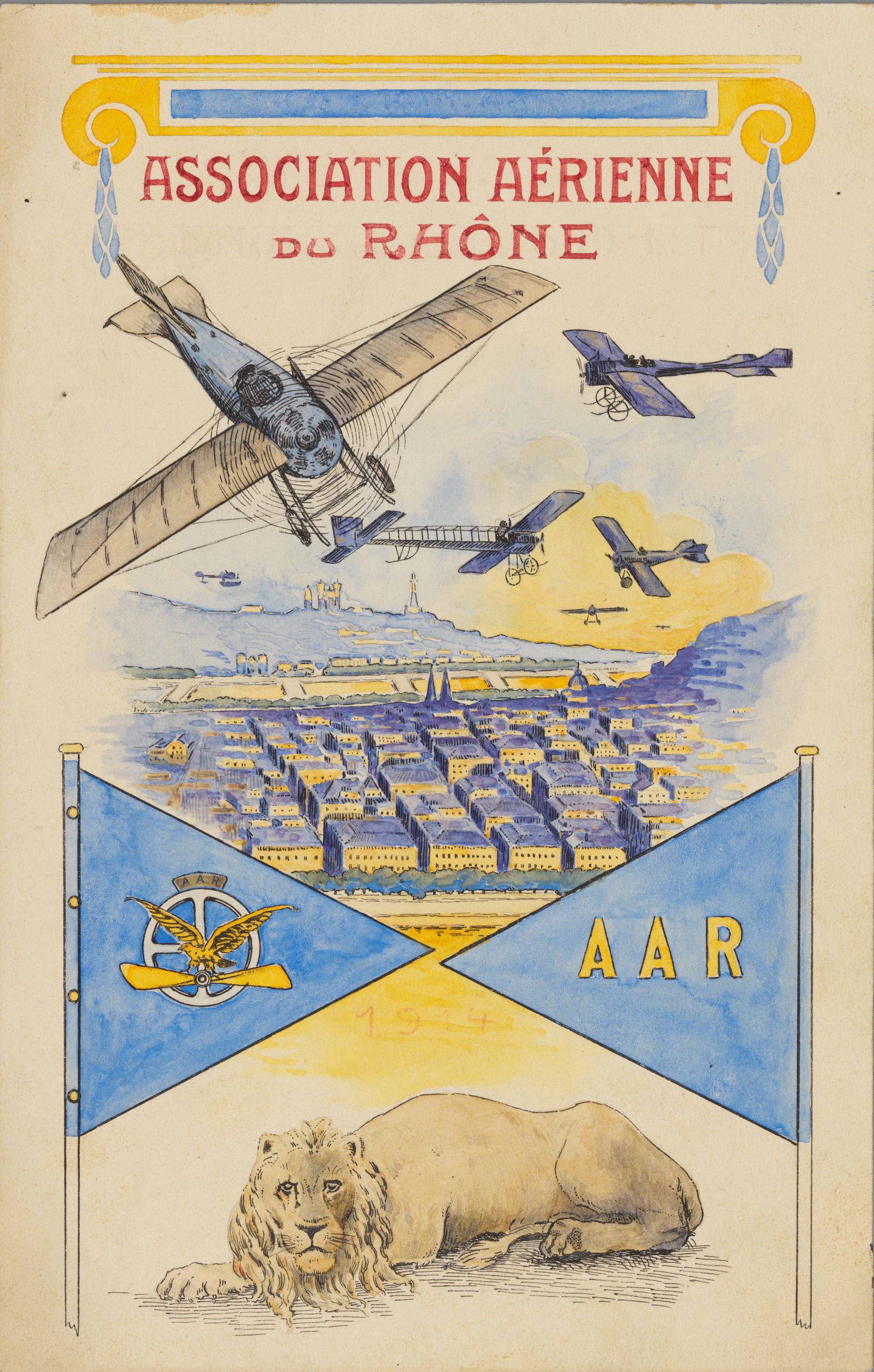 Association aérienne du Rhône : dessin couleur, crédit A. Juillan (1914, cote 17FI/133)