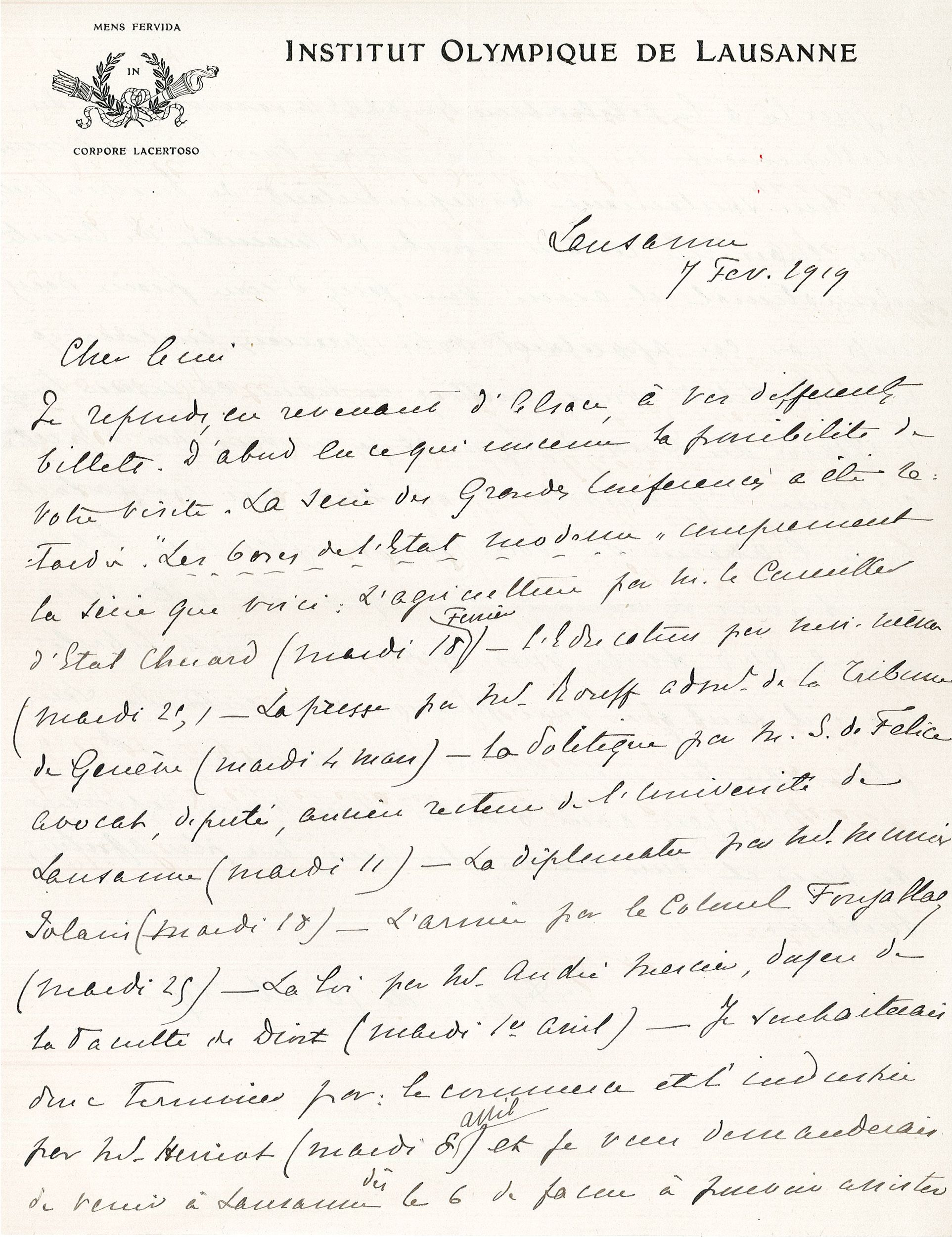 Lettre de Pierre de Coubertin à Edouard Herriot : encre manuscrite (7/02/1919, cote 646WP/11, recto)
