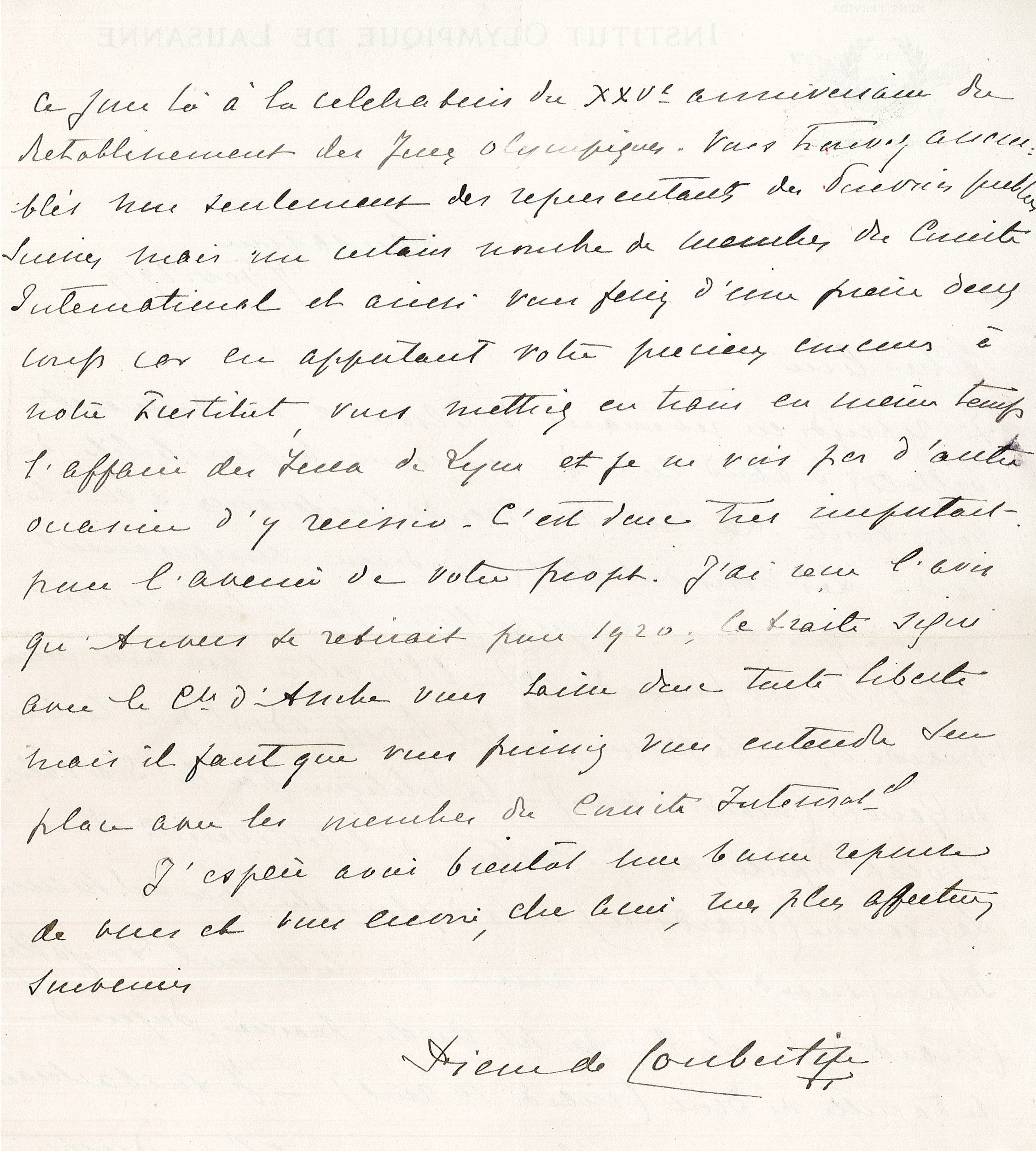 Lettre de Pierre de Coubertin à Edouard Herriot : encre manuscrite (7/02/1919, cote 646WP/11, verso)