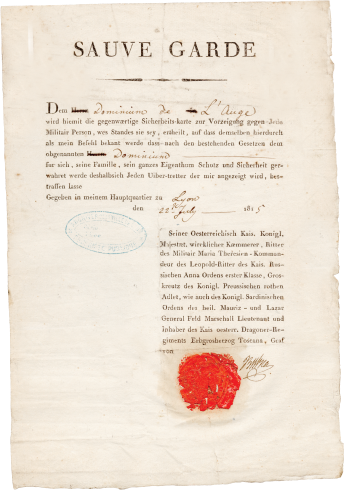 « Sauve-garde » ; Laissez-passer permettant à Dominicum de l’Ange, sa famille et ses biens, de bénéficier de la protection de l’autorité militaire, 22 juillet 1815 Archives municipales de Lyon, 1225WP/18