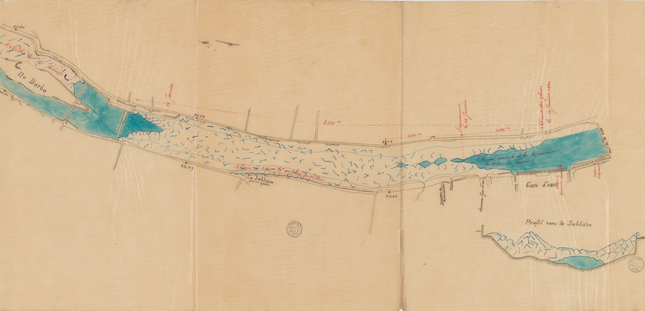 Plan général de la débâcle des glaces sur la Saône ; Plan manuscrit sur calque, reproduction, échelle 1/5000, 17 janvier 1880 Archives municipales de Lyon, 342WP/43