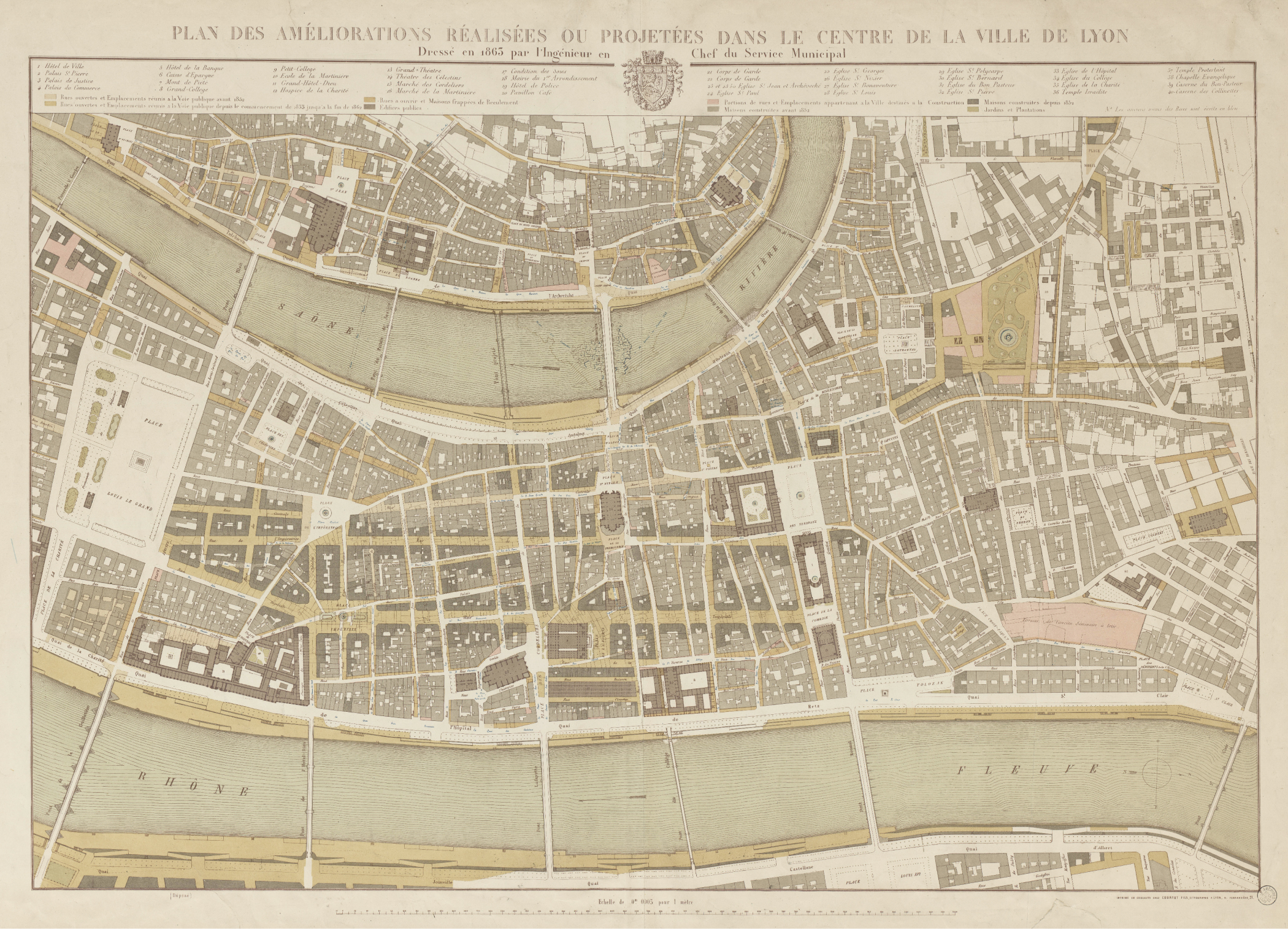 Plan des améliorations réalisées ou projetées dans le centre de la ville de Lyon ; Lithographie, dressé en 1863 par l’ingénieur en chef du service municipal ; échelle 1/2 000 Archives municipales de Lyon, 2S/24