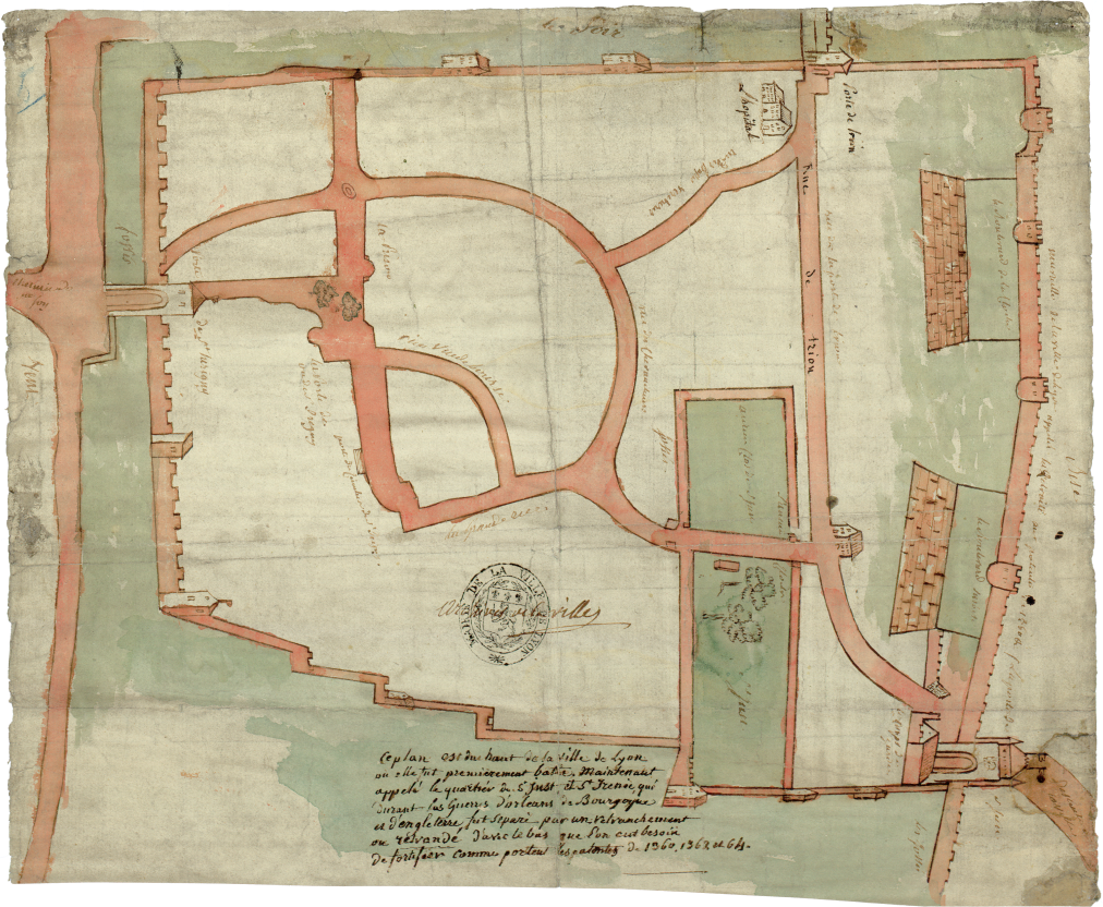 Plan du quartier de St Just, 18e siècle ; Manuscrit, plume et lavis, couleurs échelle, environ 1/800  Archives municipales de Lyon, 3S/186